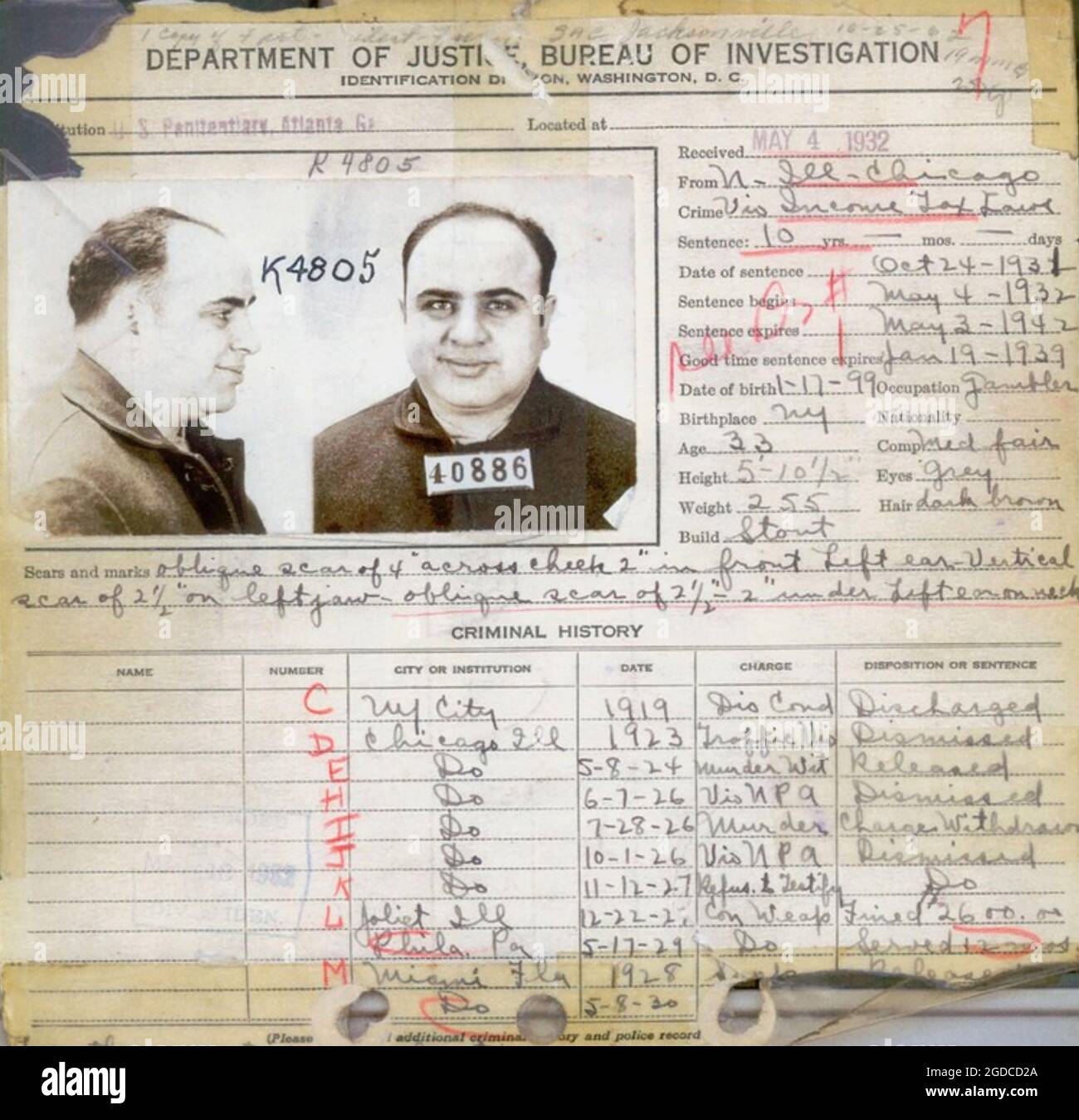 AL CAPONE (1899-1947) gangster américain . Son casier judiciaire du FBI en  1932 montre que la plupart des accusations portées contre lui ont été  rejetées/déversées Photo Stock - Alamy