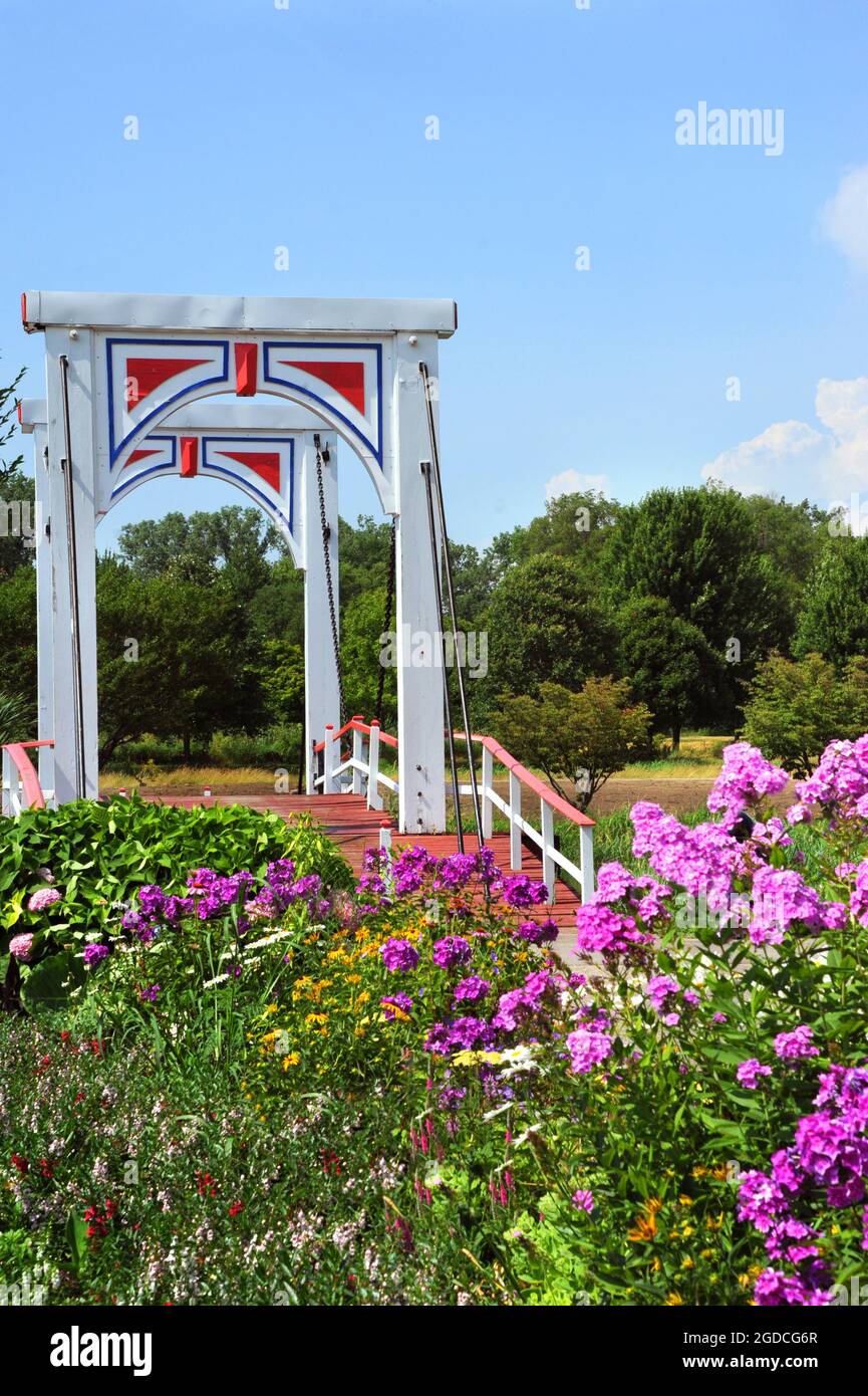 Le pont piétonnier de style hollandais est entouré de magnifiques fleurs. Bridge est un modèle à deux feuilles peint en blanc avec une bordure rouge. Pont Banque D'Images