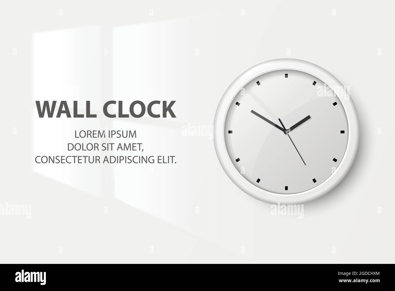 Vector 3d Realistic White Wall horloge de bureau sur fond de mur blanc. Lumière de la fenêtre sur le mur à l'intérieur. Cadran blanc. Modèle de conception Illustration de Vecteur