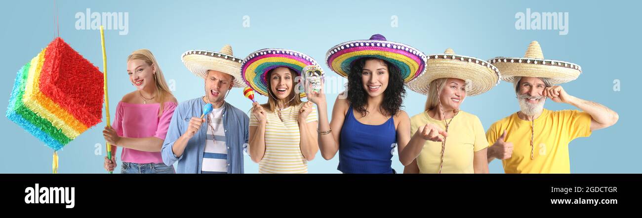 Ensemble de Mexicains sur fond gris Banque D'Images