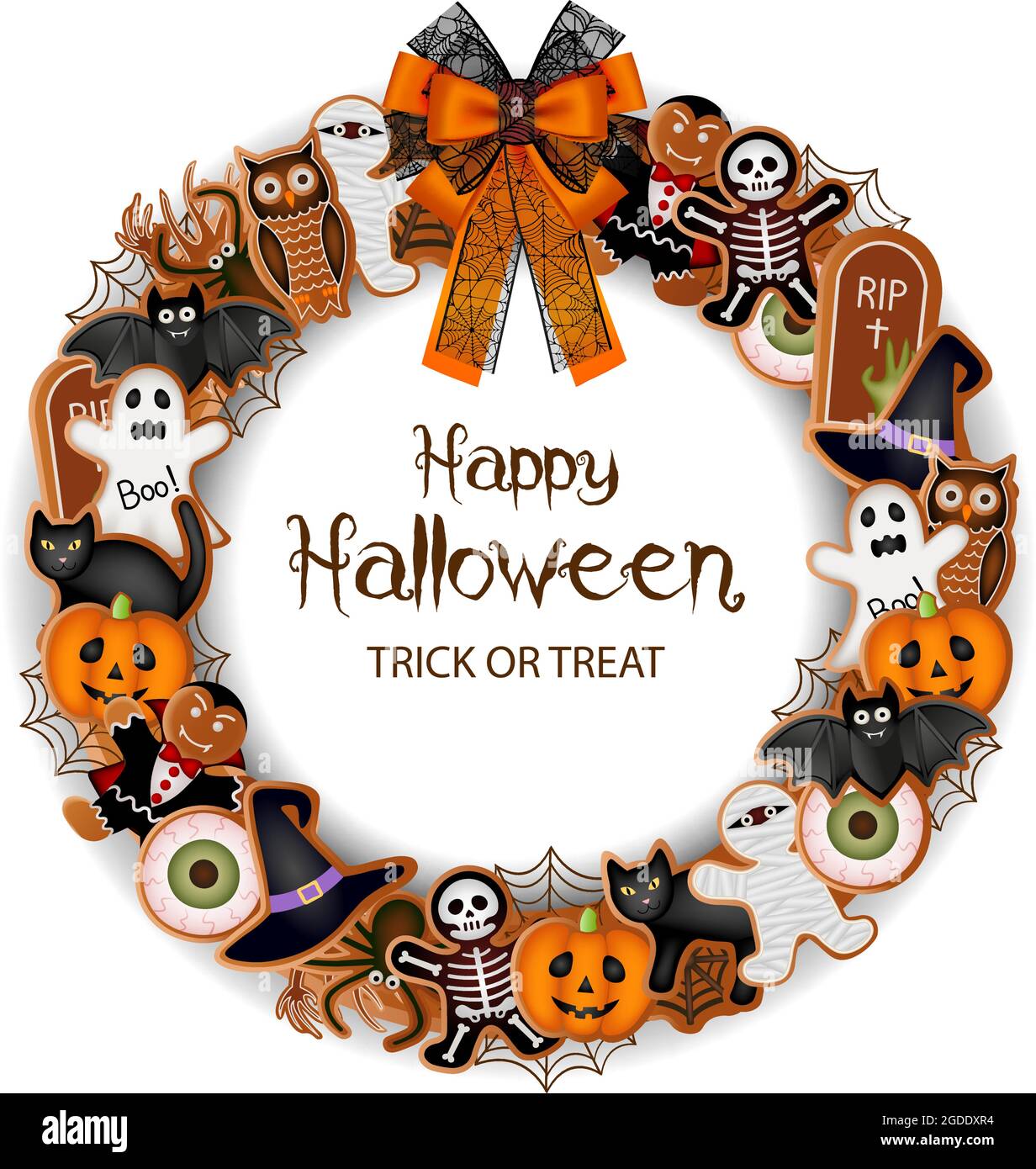 Bonne couronne d'halloween avec biscuits au pain d'épice, spiderwebs et arc Illustration de Vecteur