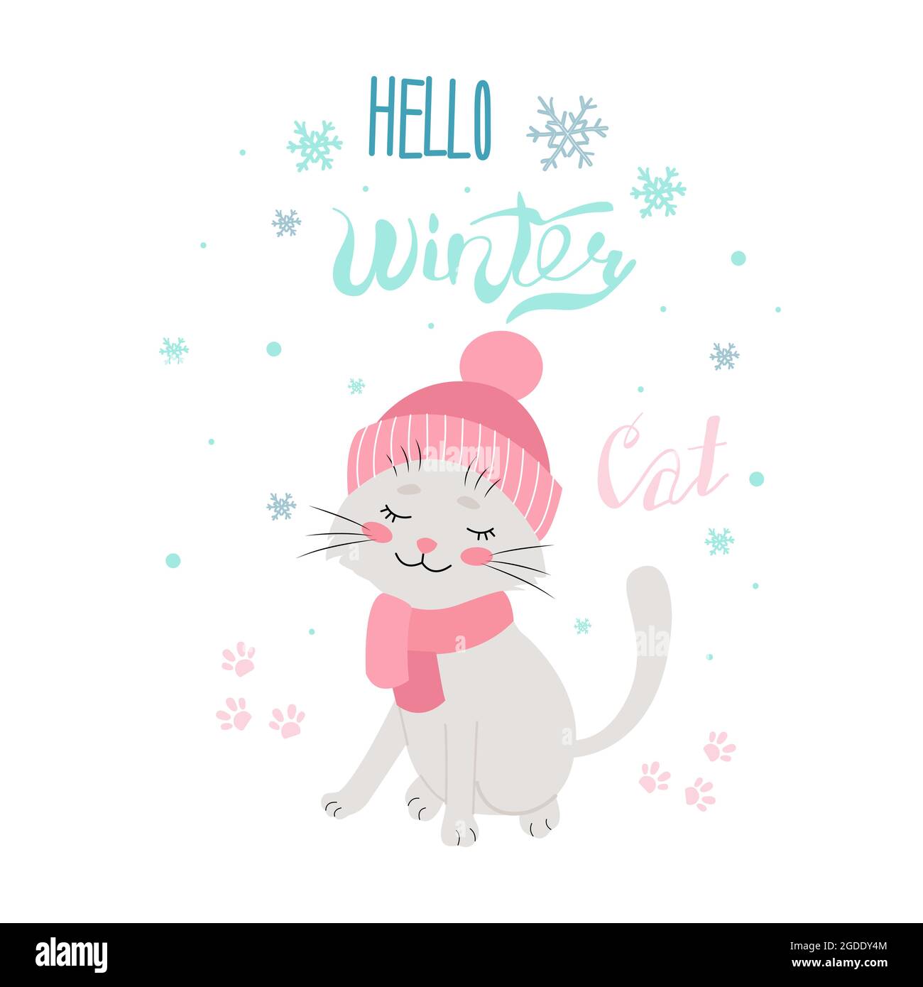 Chat en chapeau d'hiver, Hello hiver, illustration vectorielle. Isolé. Conception plate Illustration de Vecteur