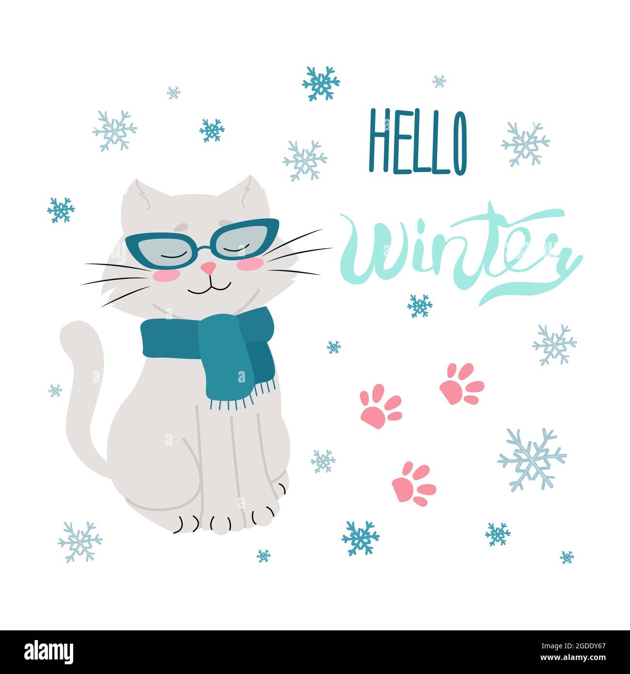 Chat en verres avec foulard, manuscrit Hello Winter, lettrage. Illustration vectorielle de style plat. Flocons de neige Illustration de Vecteur