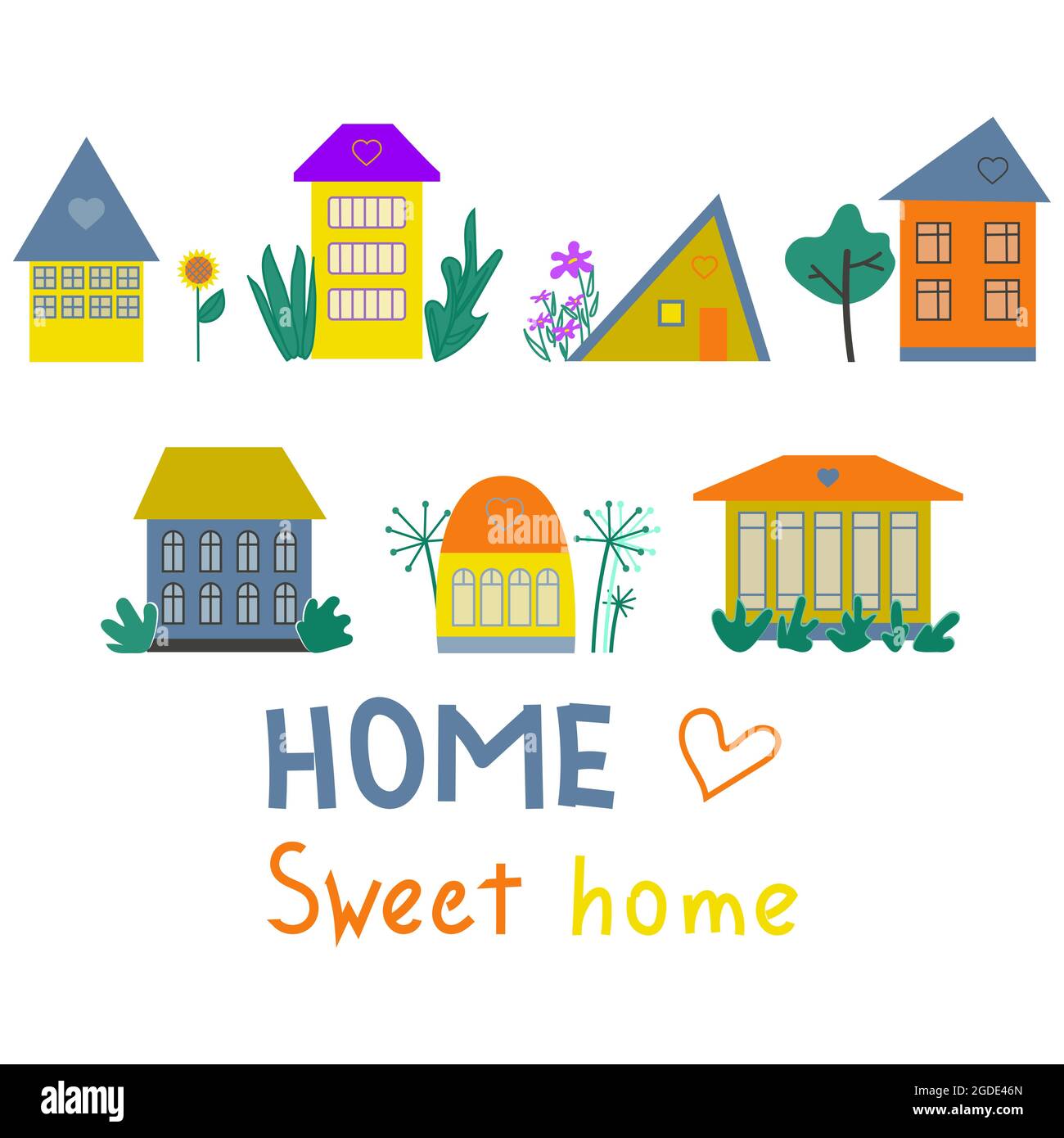 Collection maison. Bâtiments abstraits de pays et de ville. Ensemble de cottages avec plantes, paysage de village, maisons sur fond blanc. Illustration du vecteur plat Illustration de Vecteur