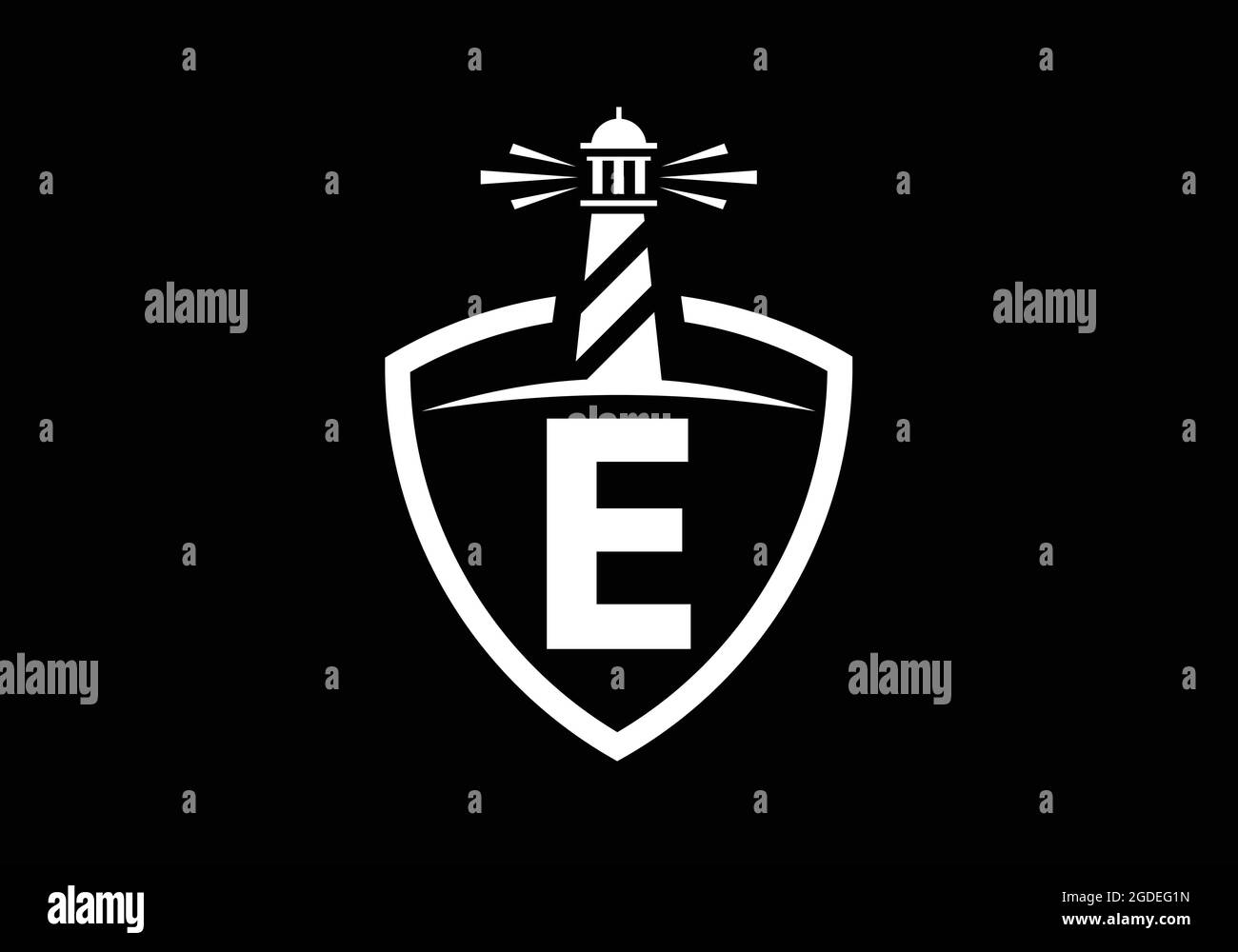 Initiale E monogramme alphabet dans un bouclier avec le phare. Logo Harbour. Emblème de police. Logo moderne Vector phare pour les entreprises, l'organisation Illustration de Vecteur