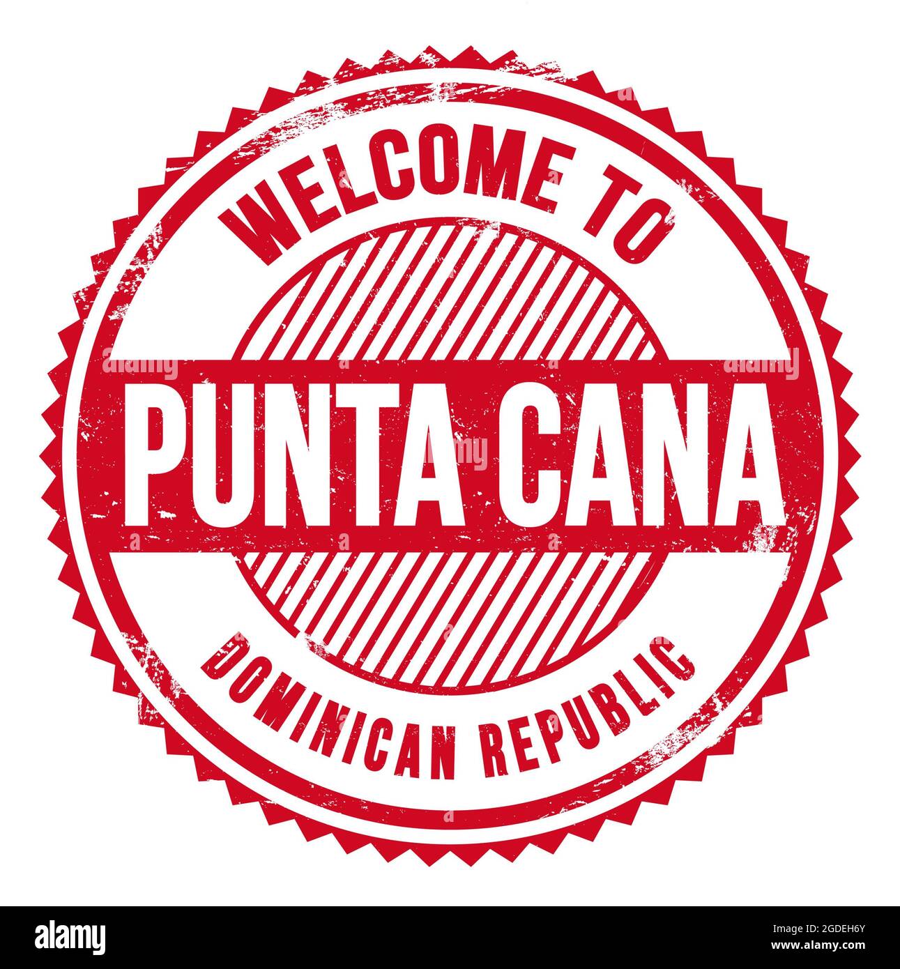 BIENVENUE À PUNTA CANA - RÉPUBLIQUE DOMINICAINE, mots écrits sur le timbre rouge en zigzag Banque D'Images