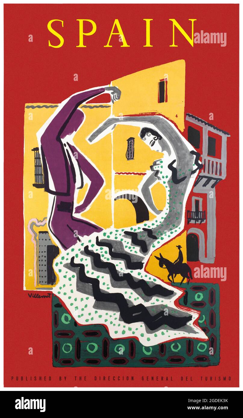 Espagne par Bernard Villemot (1911-1989). Affiche ancienne restaurée publiée en 1953 en Espagne. Banque D'Images