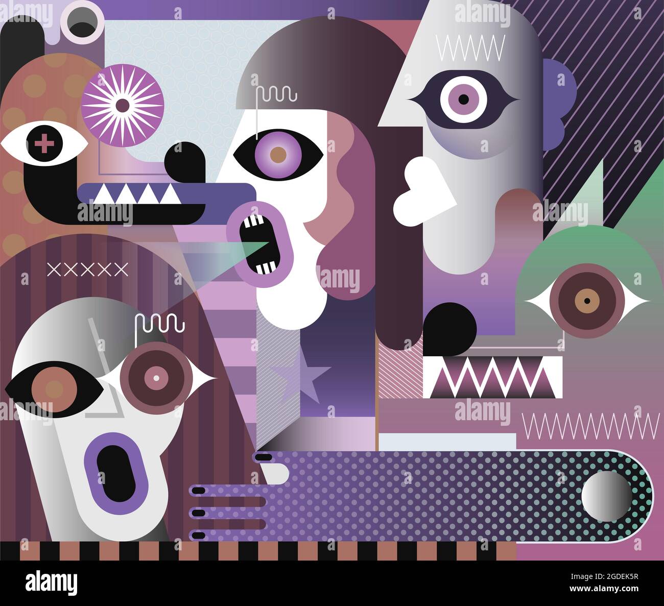 Peinture d'art moderne numérique avec effet dégradé. Trois personnes et deux grands chiens illustration graphique. Banque D'Images