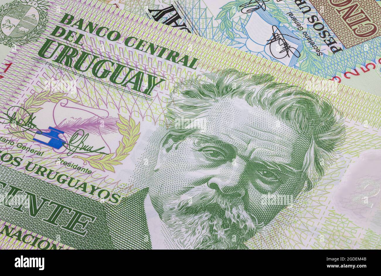 Proche du peso uruguayen de la République d'Uruguay. Billets en polymère du pays sud-américain. Capture détaillée du design avant. Détaillé Banque D'Images