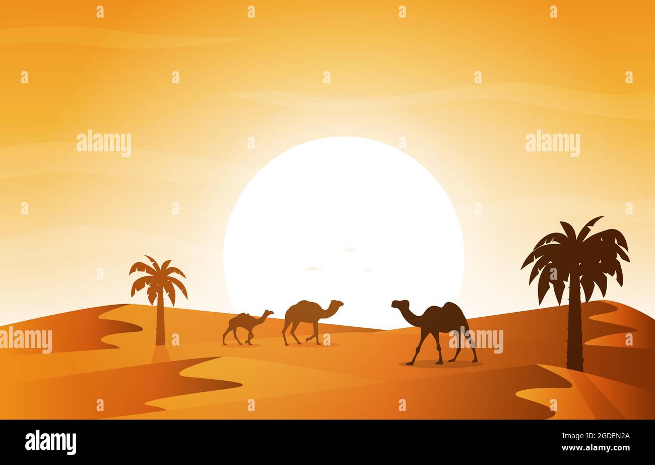 Coucher de soleil arabe désert Camel Caravan Culture islamique musulmane Illustration Illustration de Vecteur