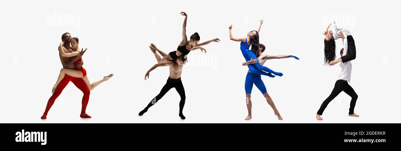 Collage de portraits de danseurs de ballet masculins et féminins dansant isolés sur fond blanc. Concept de l'art, du théâtre, de la beauté et de la créativité Banque D'Images