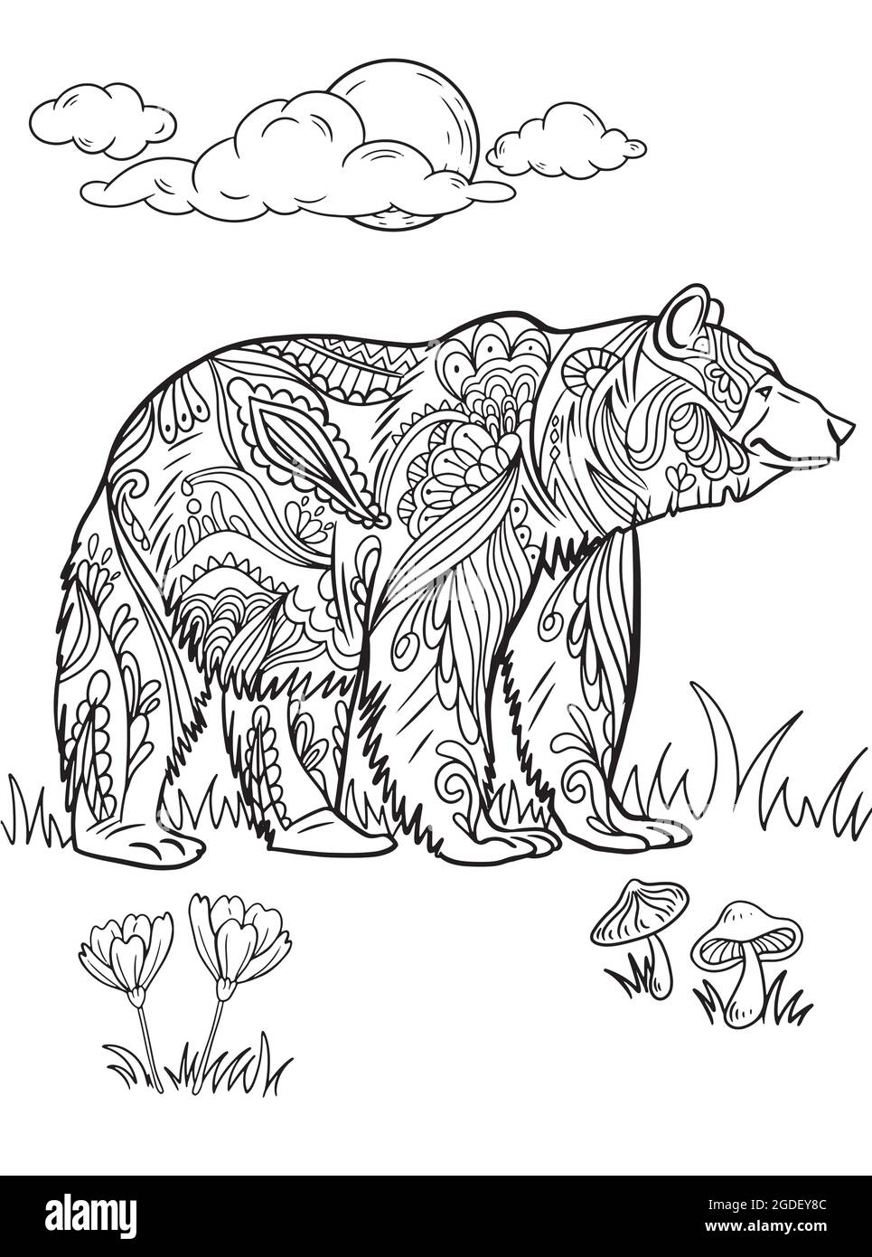 Grand Ours debout vue latérale sur les champs de gazon avec fleurs sous la pleine lune dessin de ligne. Big Grizzly se dresse sur le terrain à la page de livre de coloriage de nuit. Illustration de Vecteur