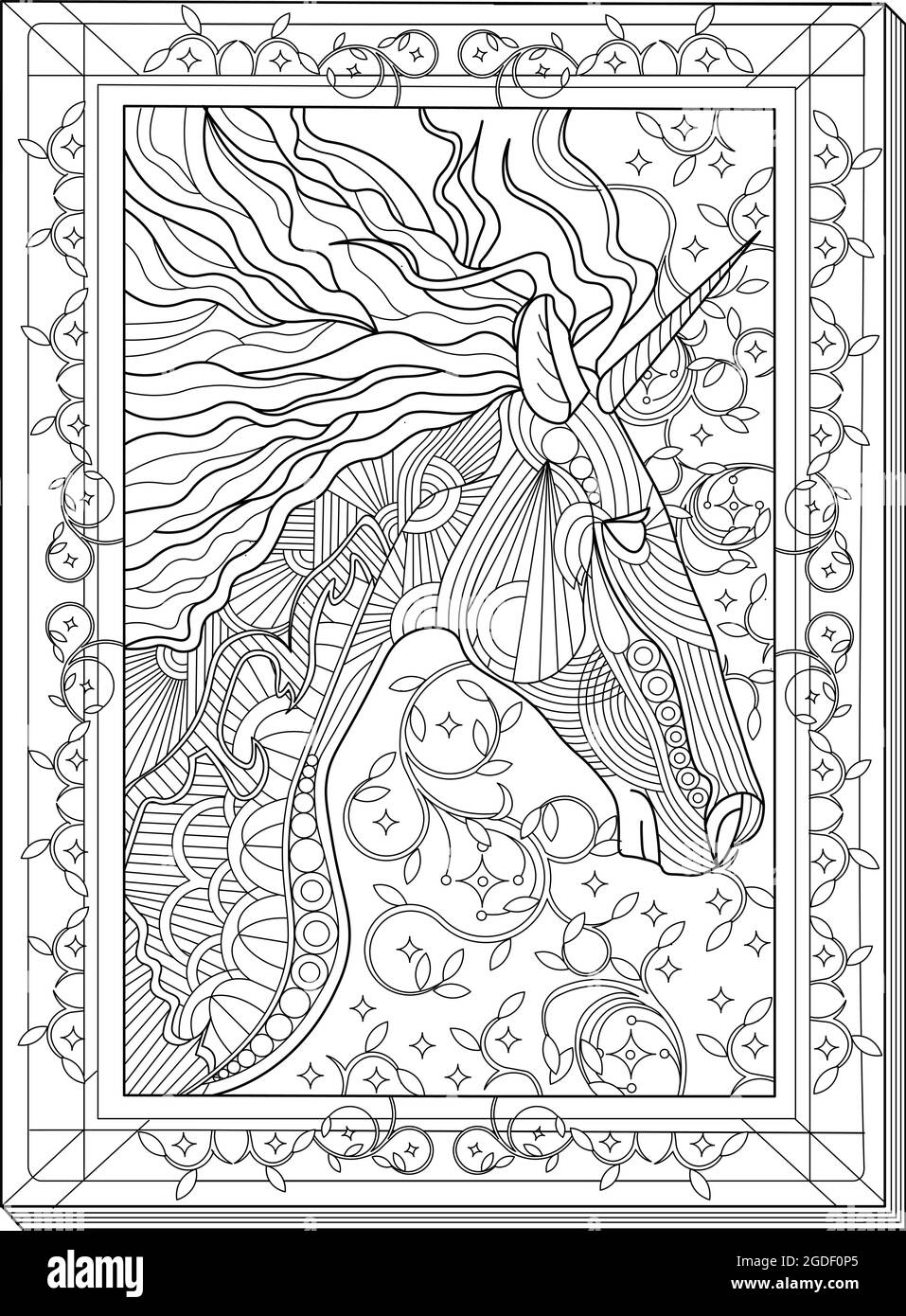 Tête UNICORN face au côté à l'intérieur D'UN dessin de ligne incolore à cadre rectangulaire. Mythique Horned Horse côté à la recherche avec beau livre de coloriage de Mane Illustration de Vecteur