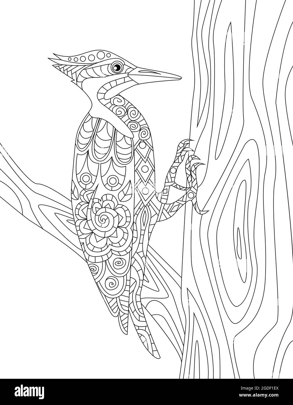 Pic sur UN tronc d'arbre essayant de faire UN trou de dessin de ligne incolore. Pecker Bird reste sur la page de livre de coloriage en bois de la branche de Pecks. Illustration de Vecteur