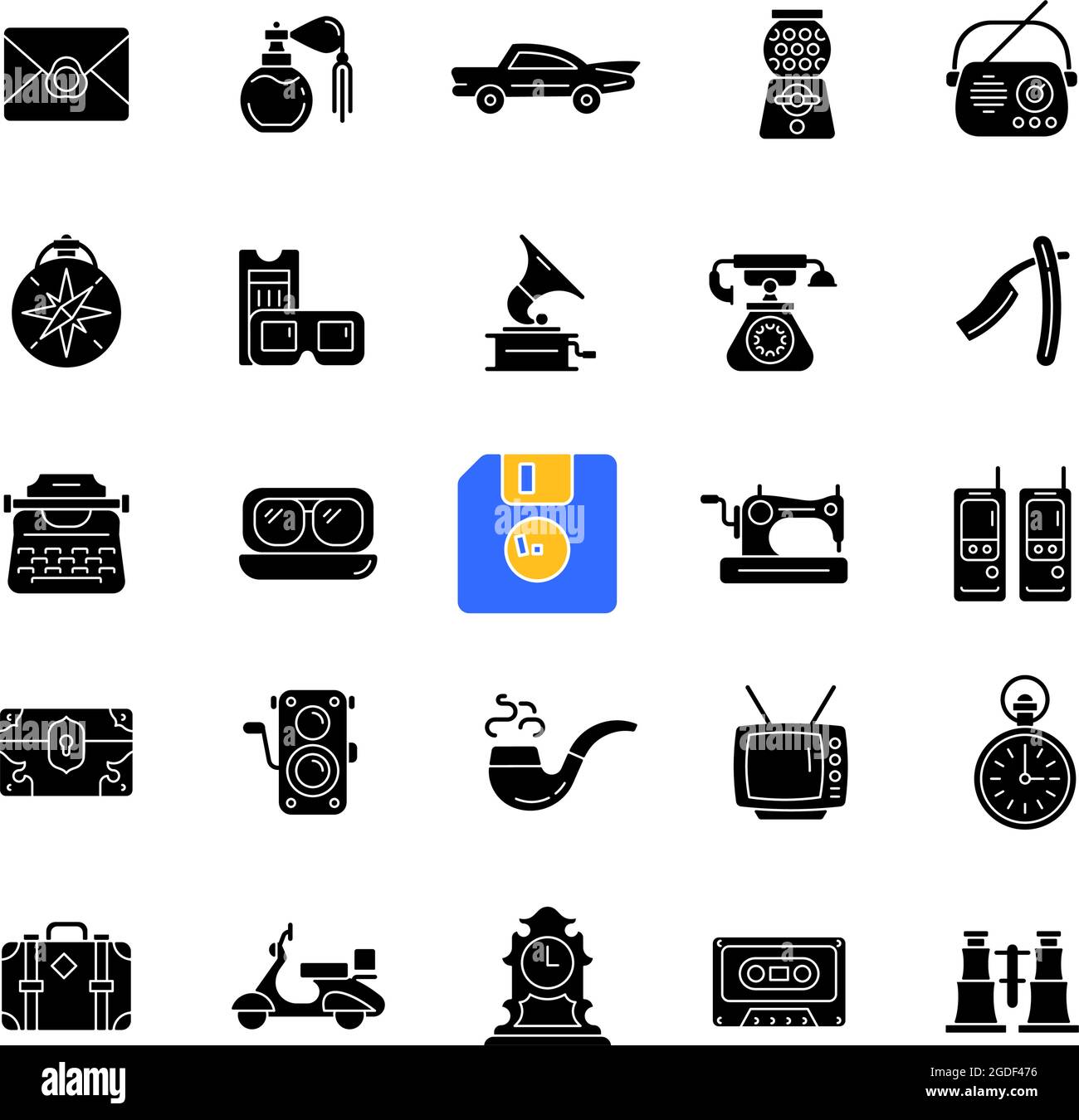 Icônes de glyphe noir de style vintage sur espace blanc Illustration de Vecteur