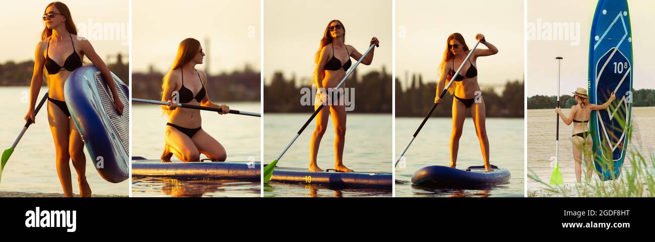 Jeune femme attrayante debout sur un paddle board, SUP. Concept de vie active, sport, loisirs. Vacances, station, plaisir. Image composite Banque D'Images