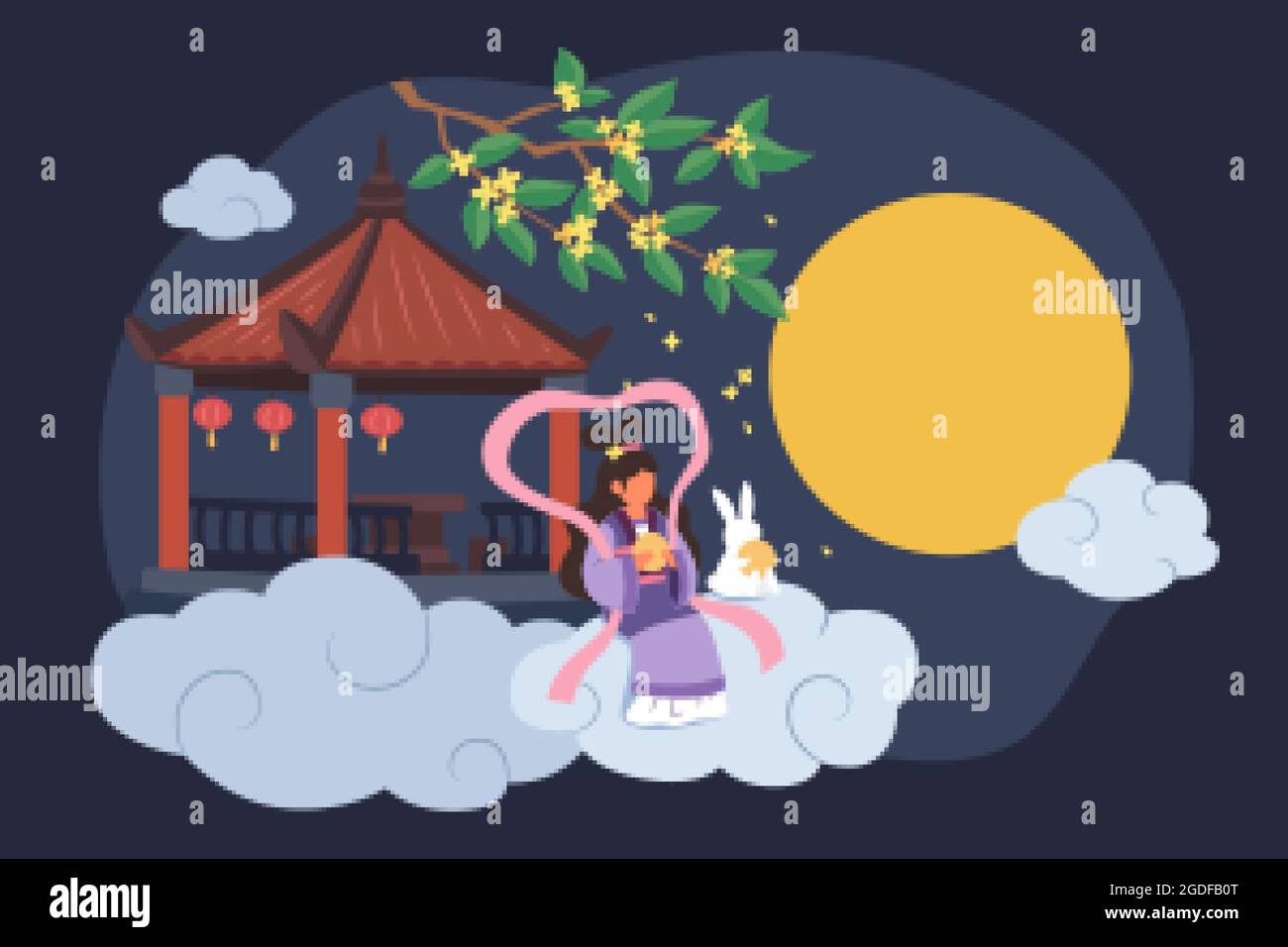 Design du festival de mi-automne. Illustration plate de la fée Chang'e et jade lapin assis à l'extérieur du pavillon chinois regardant la lune et manger des gâteaux de lune Illustration de Vecteur