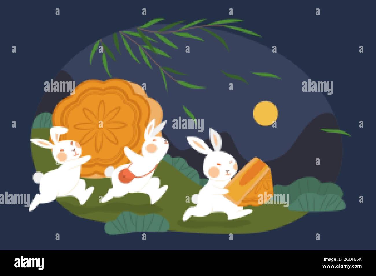 Design du festival de mi-automne. Illustration plate de lapins jade portant des gâteaux de lune et courant pour la poursuite après la pleine lune Illustration de Vecteur
