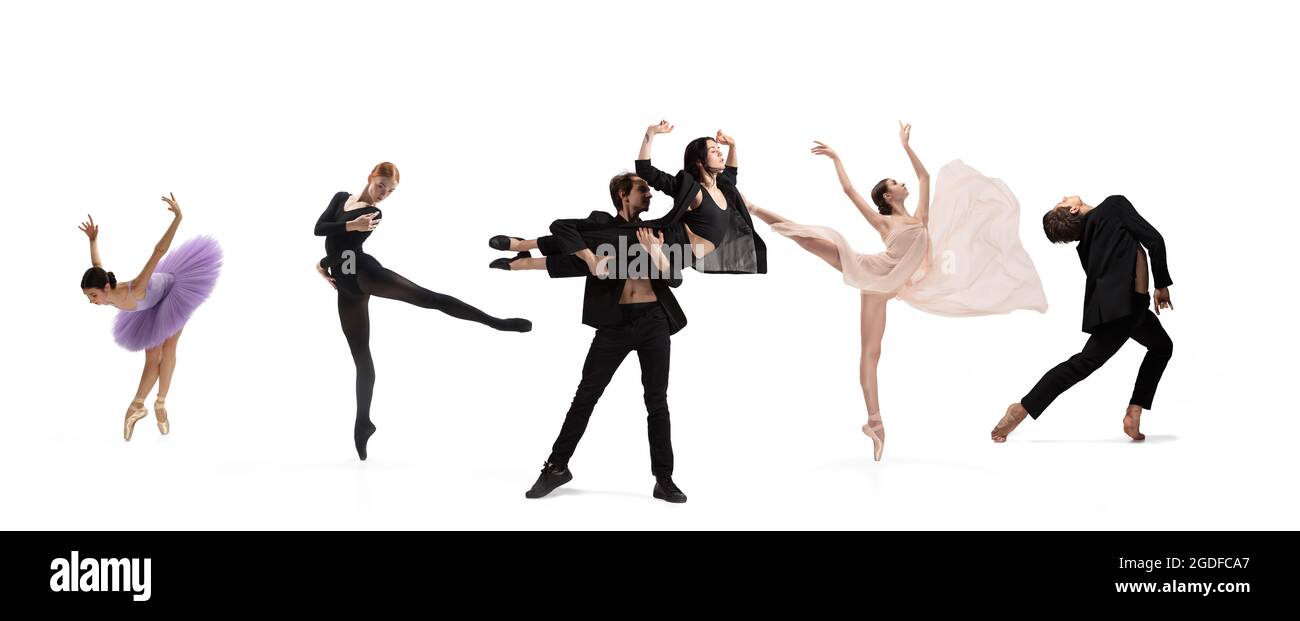 Collage de portraits de danseurs de ballet masculins et féminins dansant isolés sur fond blanc. Concept de l'art, du théâtre, de la beauté et de la créativité Banque D'Images