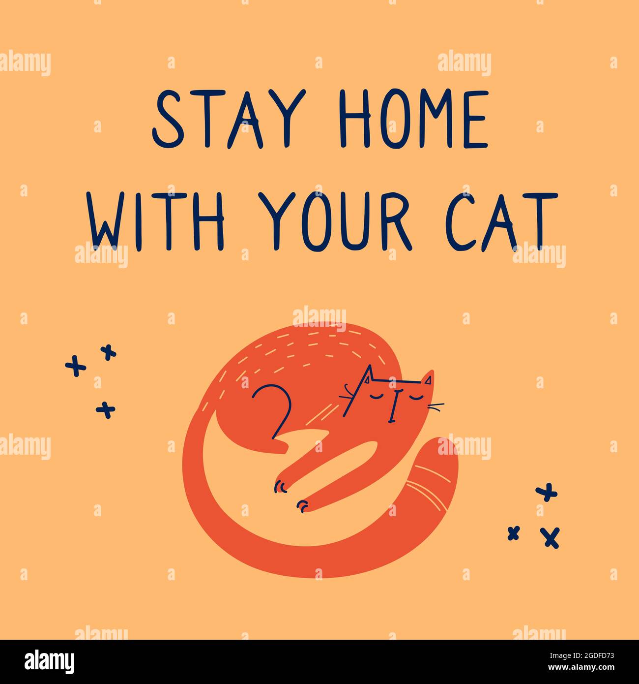 Poster vectoriel dessiné à la main, lettrage rester à la maison avec votre chat. Illustration le chat s'est redressé et est en veille. Chaton, un appel pour observer la quarantaine et empêcher le coronavirus COVID-19 de se propager. Illustration de Vecteur