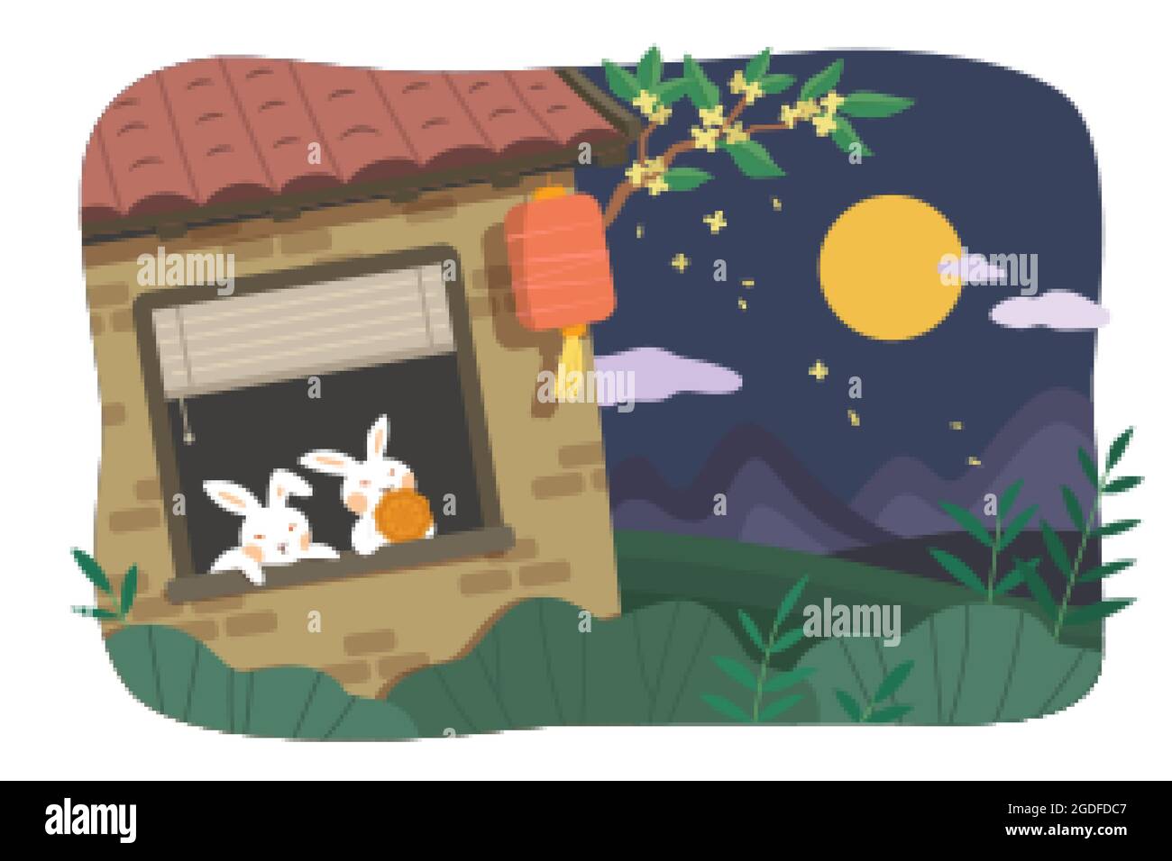 Design du festival de mi-automne. Illustration plate de lapins regardant la lune à la maison et de manger le gâteau de lune comme célébrations de vacances Illustration de Vecteur
