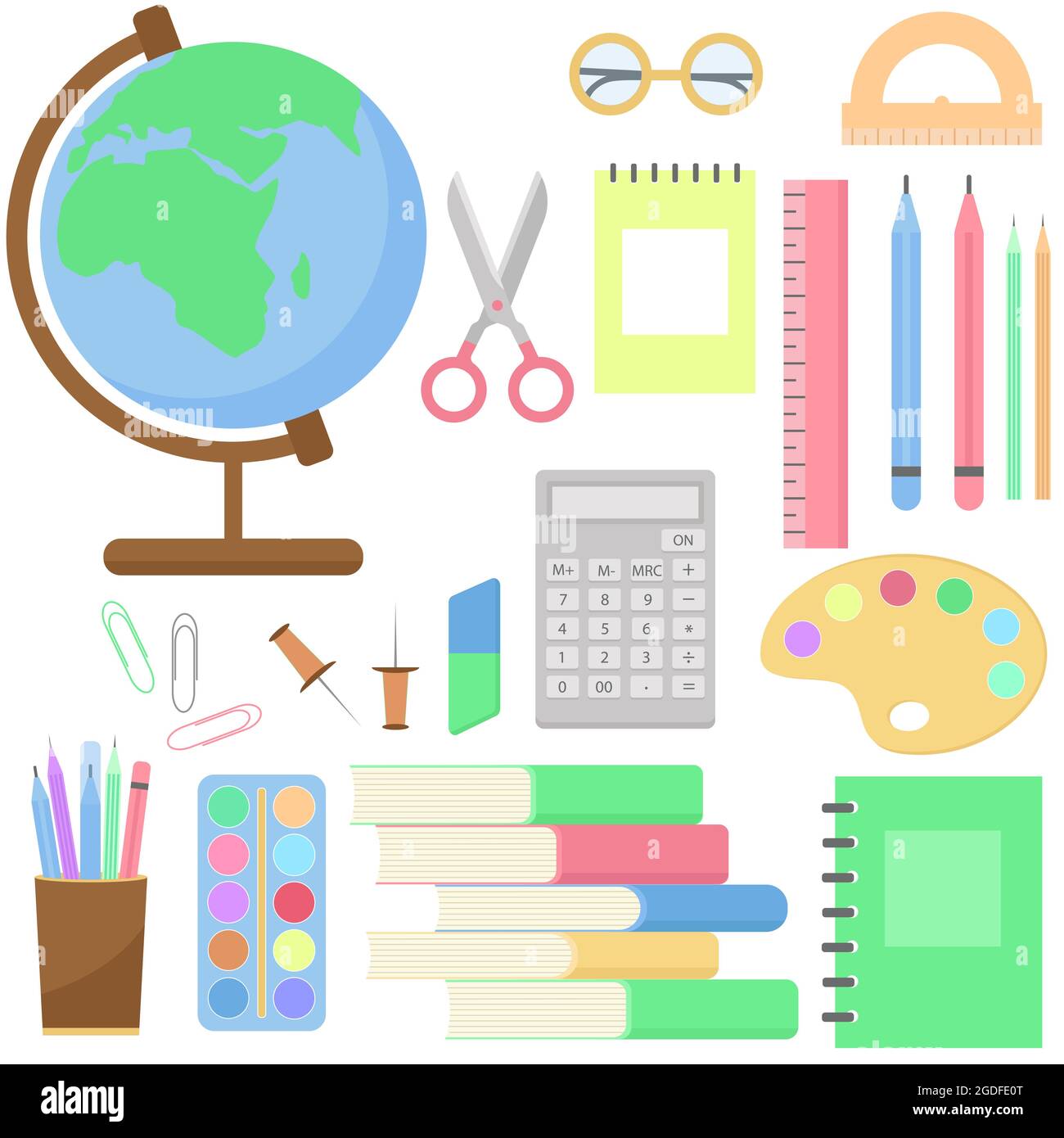Jeu d'icônes de papeterie illustration vectorielle. Collection scolaire livre règle crayon stylo calculatrice ciseaux peinture globe. Sujets d'étude et de travail. PPB Illustration de Vecteur