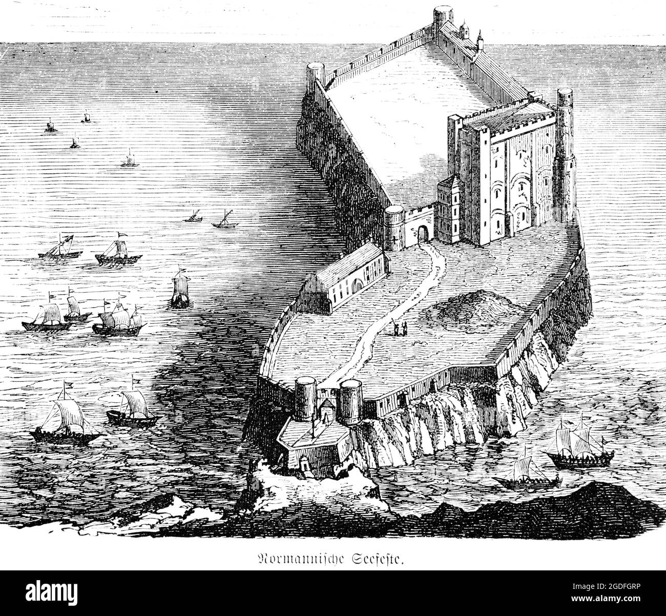 Une forteresse normande dans la mer au début du Moyen âge, illustration historique 1881 Banque D'Images