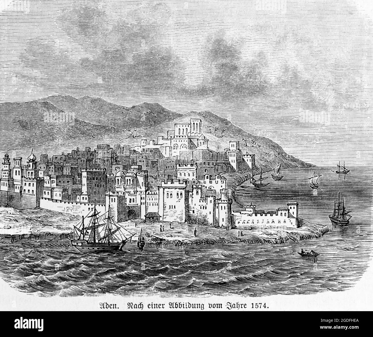Vue sur la ville d'Aden au XVIe siècle, péninsule arabe, Yémen, Asie, illustration historique 1881 Banque D'Images