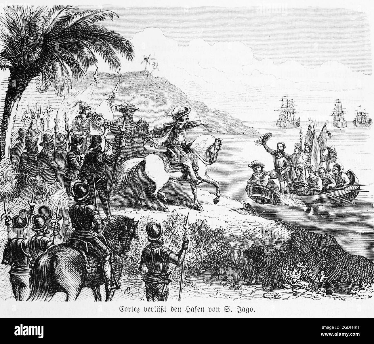 Ferdinand Cortez quittant le port de San Jago de Cuba (?) illustration historique 1881 Banque D'Images