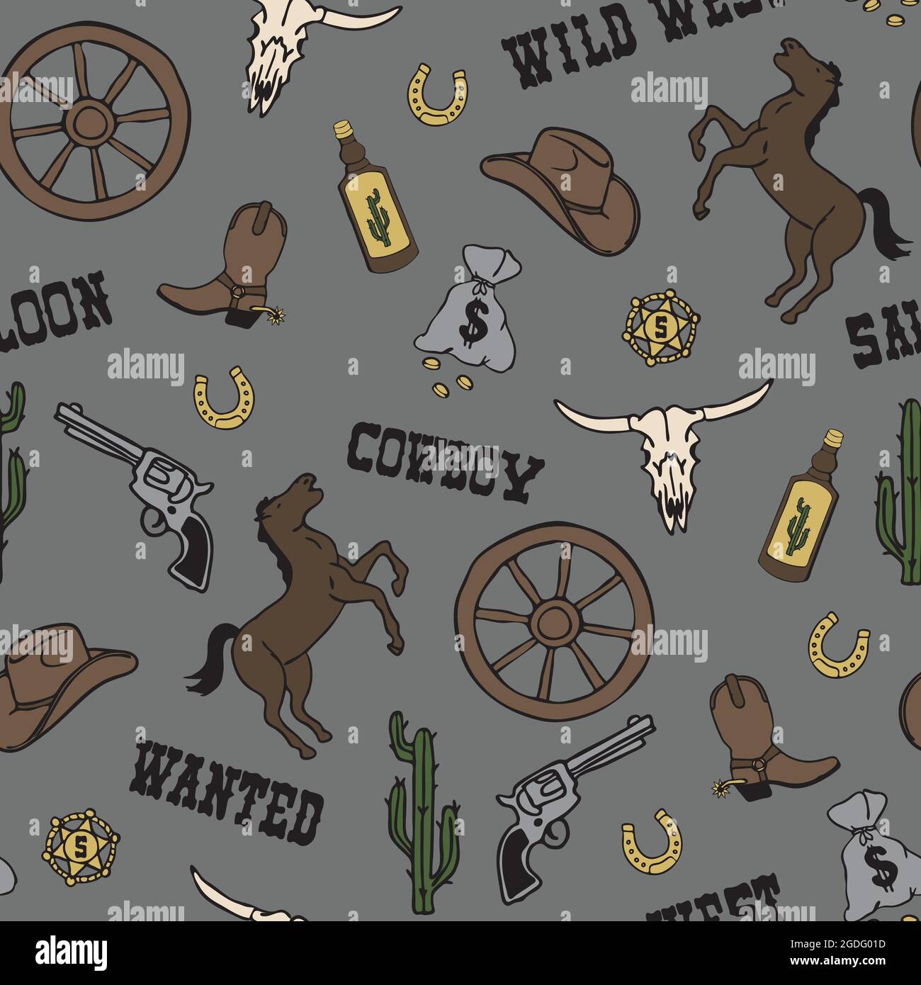 Motif vectoriel sans couture avec cow-boy sauvage de l'Ouest sur fond gris.Papier peint WESTERN simple pour les enfants.Textile de mode texan décoratif. Illustration de Vecteur