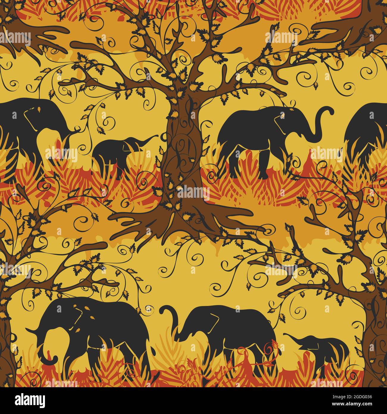 Motif vectoriel sans couture avec silhouettes éléphant sur fond jaune.Magnifique papier peint africain.Savannah animal mode textile. Illustration de Vecteur