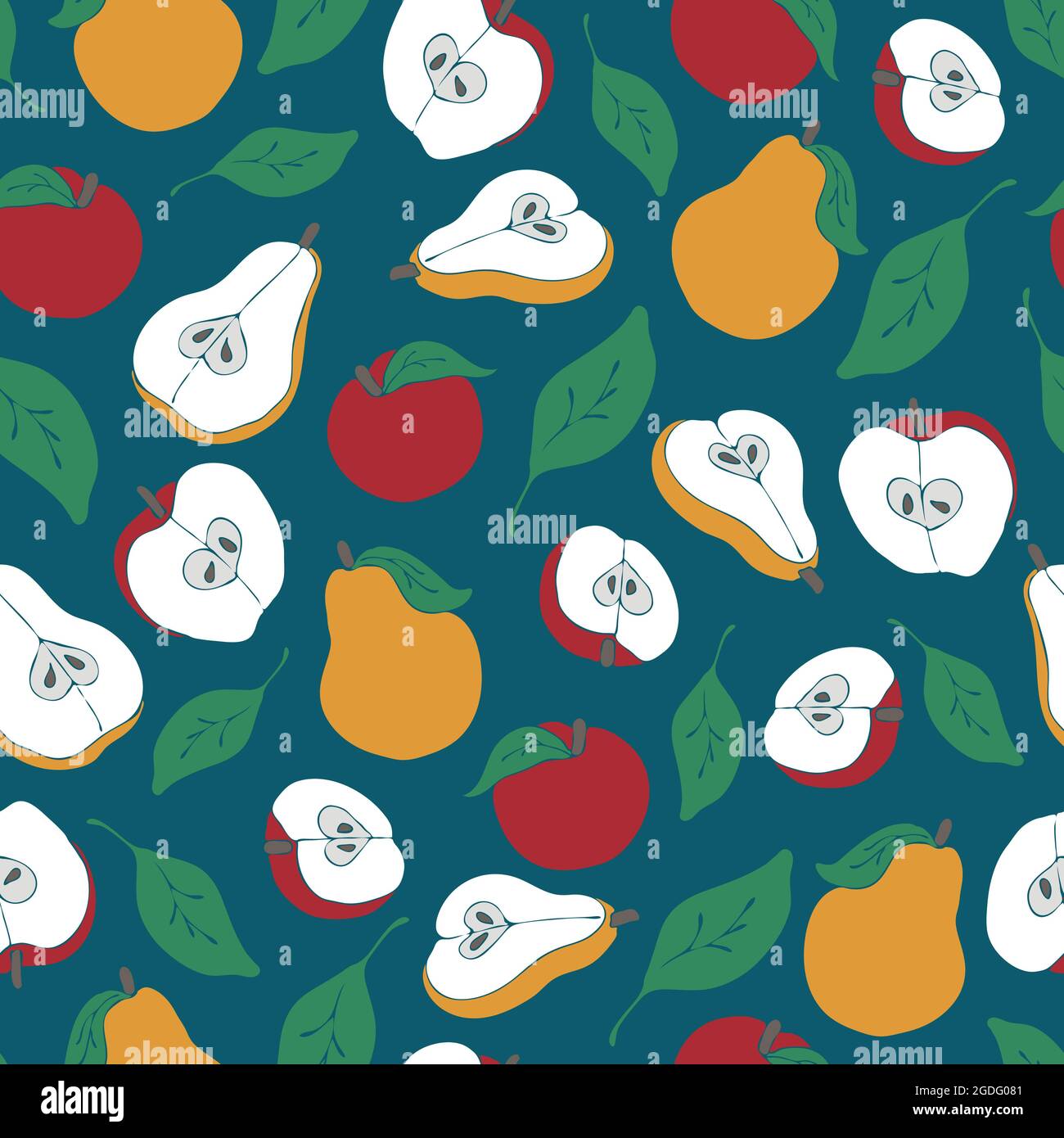 Motif vectoriel sans couture avec pommes et poires sur fond vert turquoise.Papier peint de cuisine simple avec fruits sur le bleu sarcelle. Illustration de Vecteur