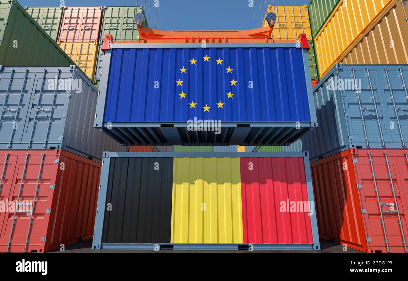 Terminal de conteneur. Deux conteneurs de marchandises avec drapeaux de l'Union européenne et de la Belgique. Rendu 3D Banque D'Images