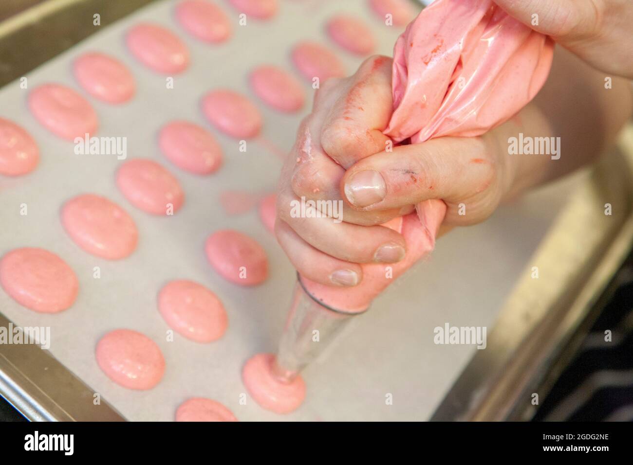 Macarons roses --- le macaronor français est une confiserie sucrée à base de meringue faite de blanc d'œuf, de sucre glace, de sucre granulé, de farine d'amande et Banque D'Images