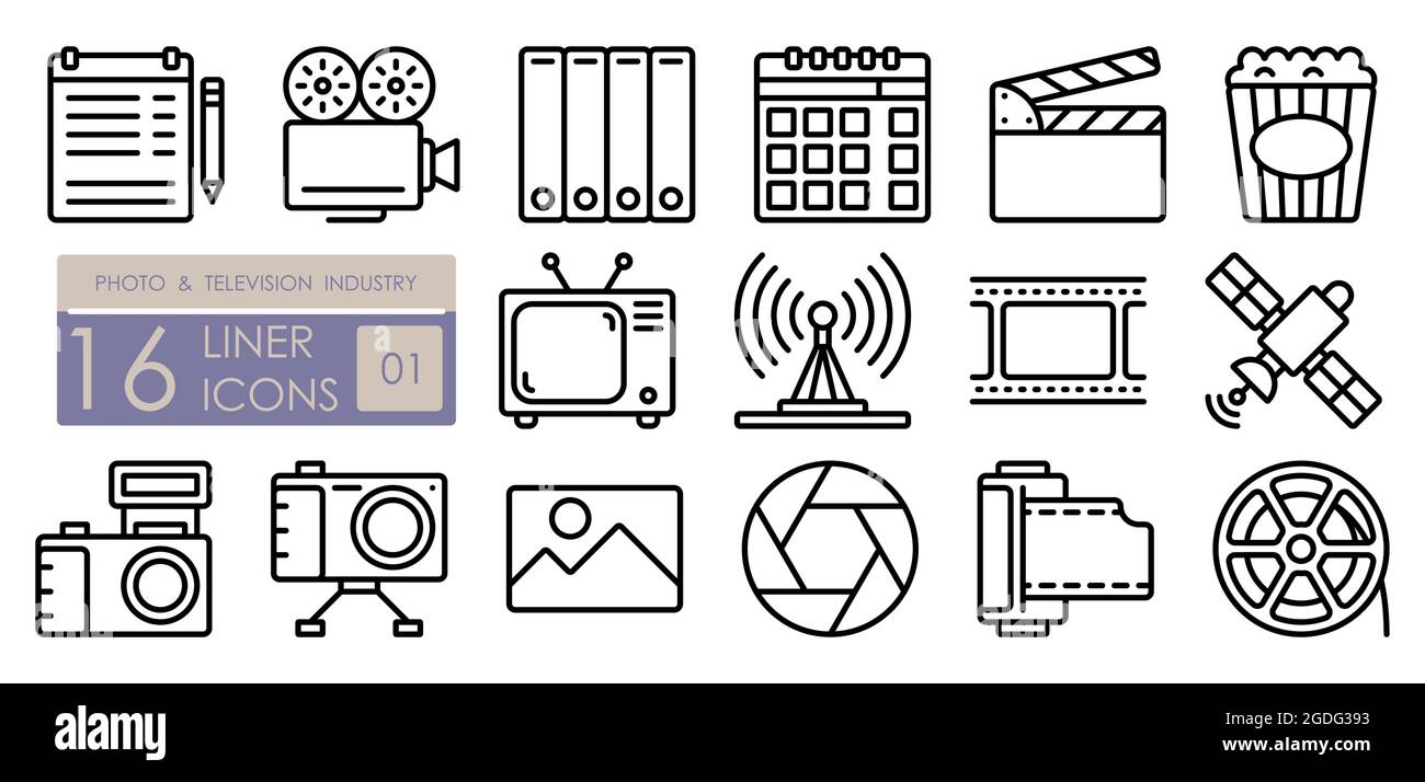Industrie de la photo et de la télévision. Équipement pour la photographie et le tournage professionnels. Télévision, caméscope, appareil photo, film. Ensemble d'icônes linéaires simples Illustration de Vecteur