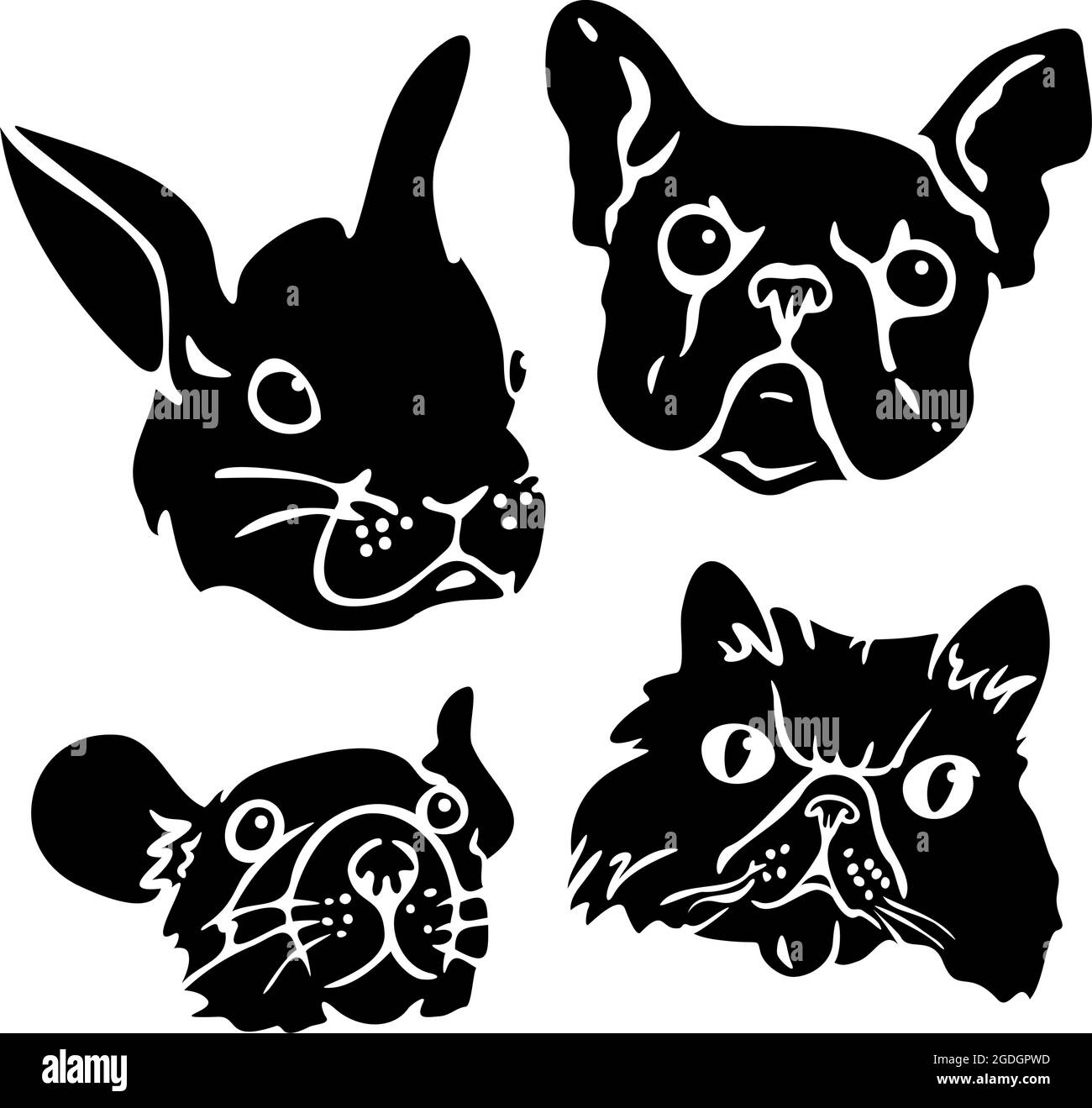 Ensemble d'illustrations vectorielles avec silhouettes de visages de chat, de chien, de lapin et de souris. Collection avec silhouettes pour animaux. Illustration de Vecteur