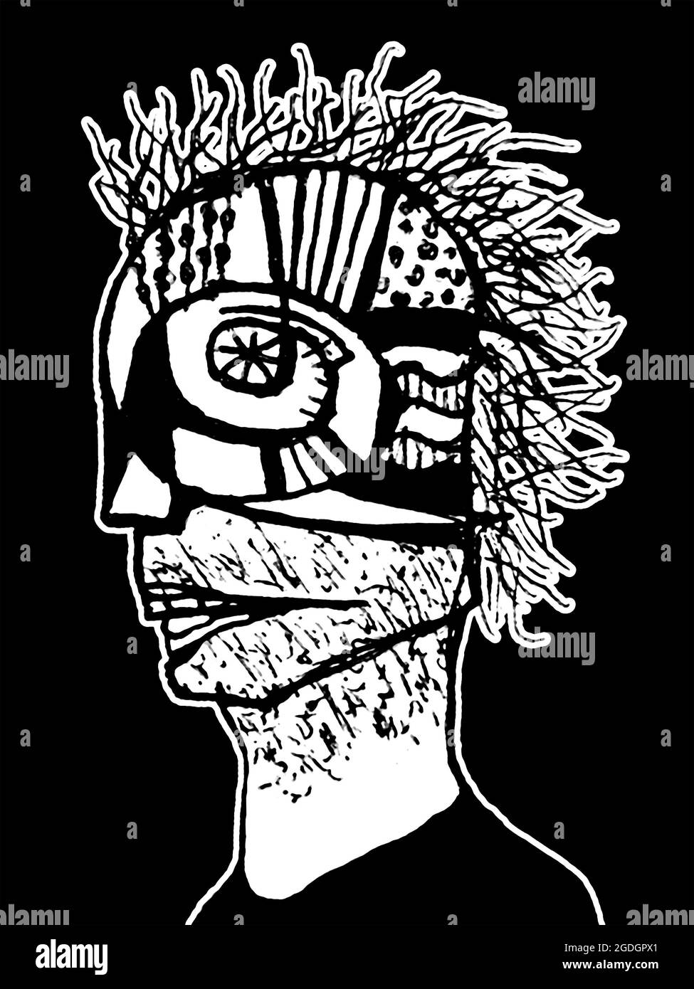 Ctber punk homme vue de côté portrait noir et blanc crayon illustration Banque D'Images
