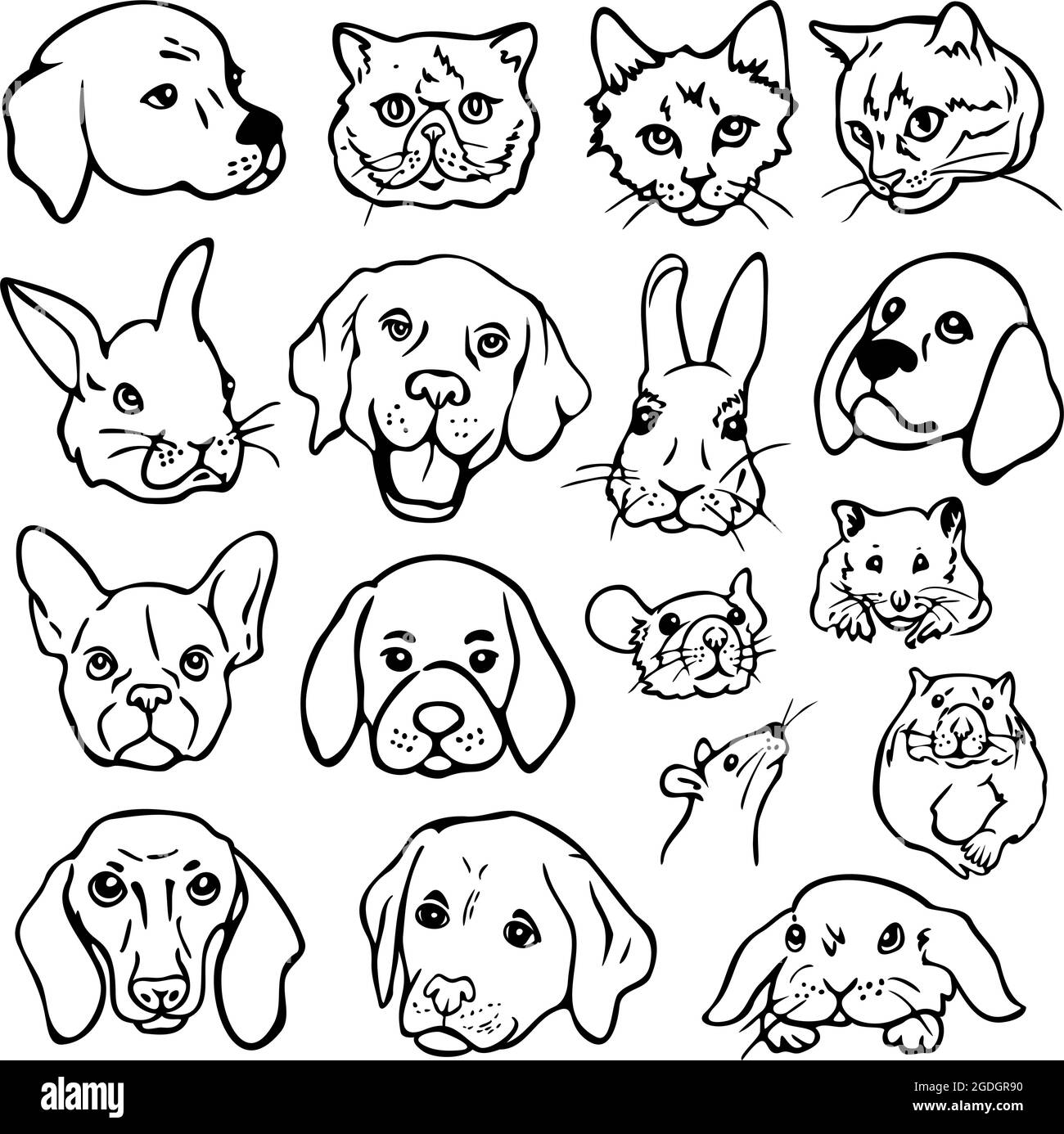 Jeu d'illustrations vectorielles avec faces d'animaux domestiques. Chiens, chats, lapins, souris, rats, portraits de contours de hamsters. Illustration de Vecteur