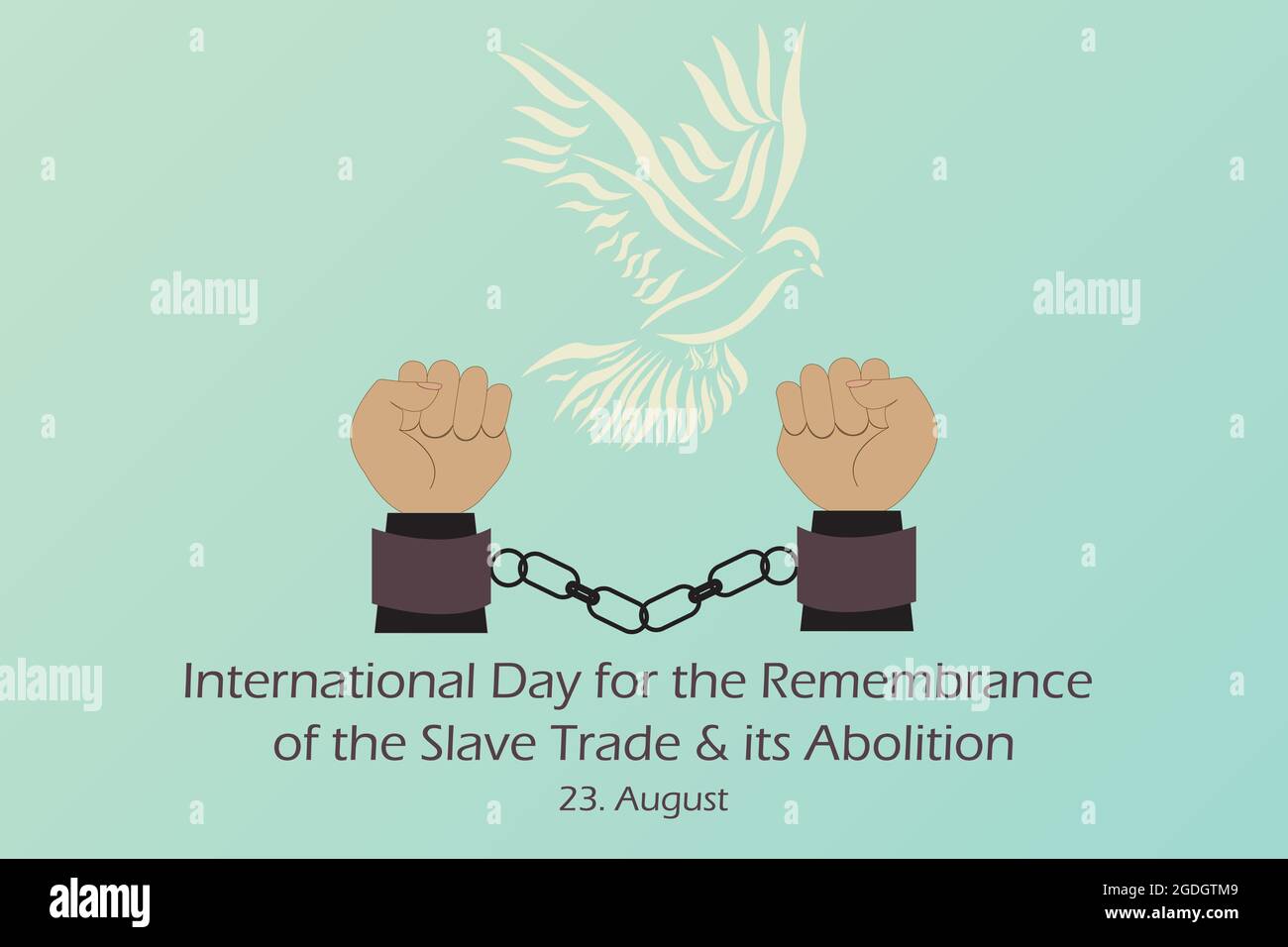 Dessin de deux mains manillées et de pigeon blanc symbole de liberté. Journée internationale pour le souvenir de la traite des esclaves et de son abolition. Vecteur Illustration de Vecteur