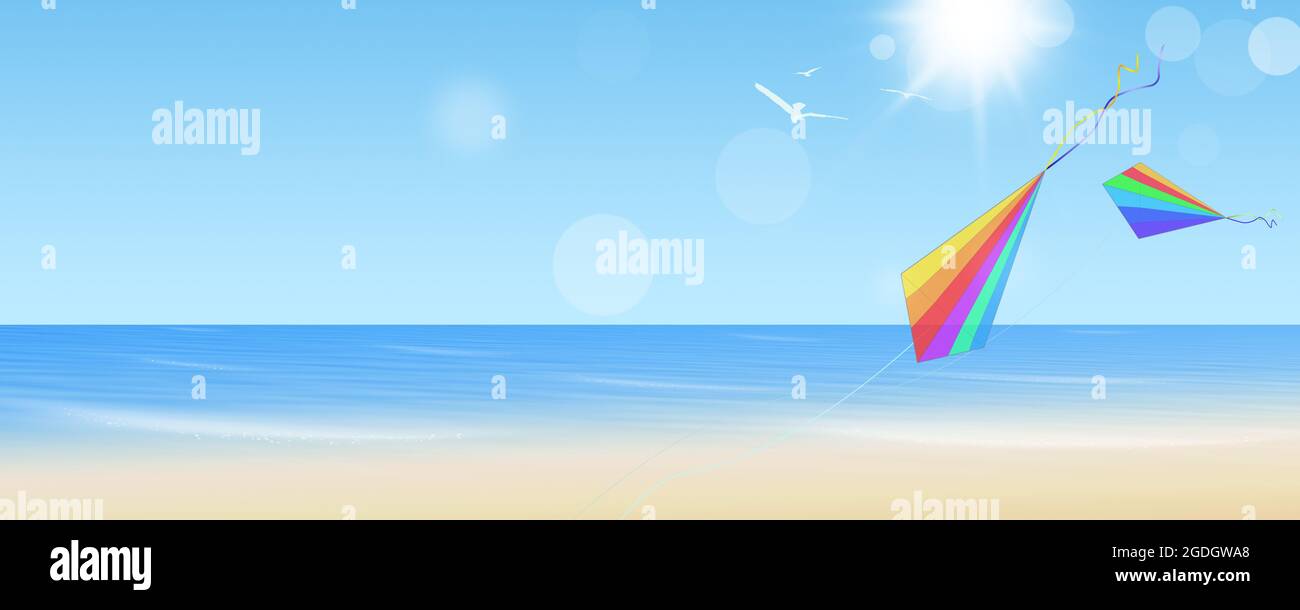 belle eau froide bleue dans le paysage tropical de l'océan avec cerf-volant dans le ciel. bannière horizon chaude et ensoleillée Banque D'Images