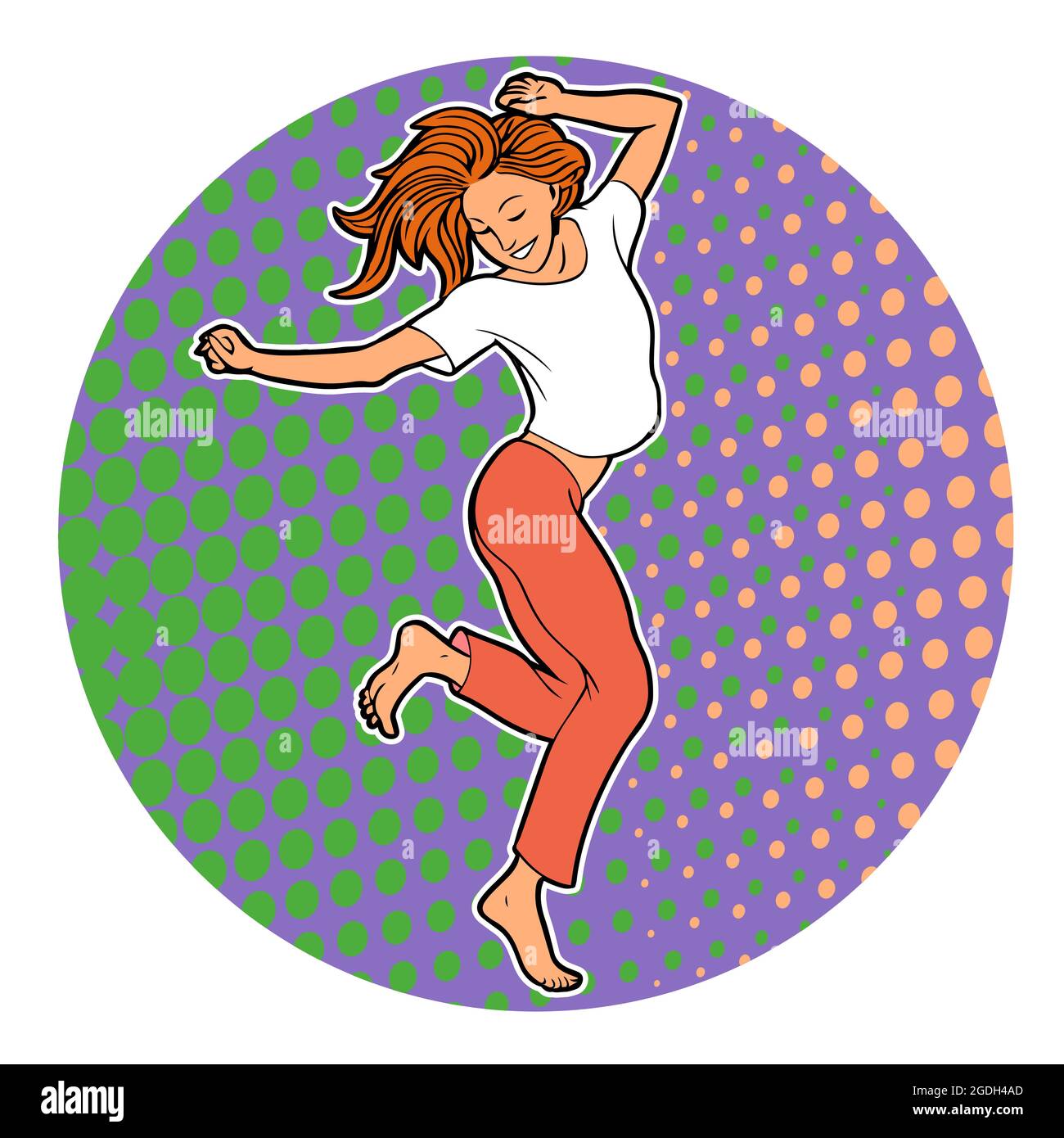 Jeune belle fille dansant. Joyeux personnage féminin. Illustration pop art à vecteur isolé Illustration de Vecteur