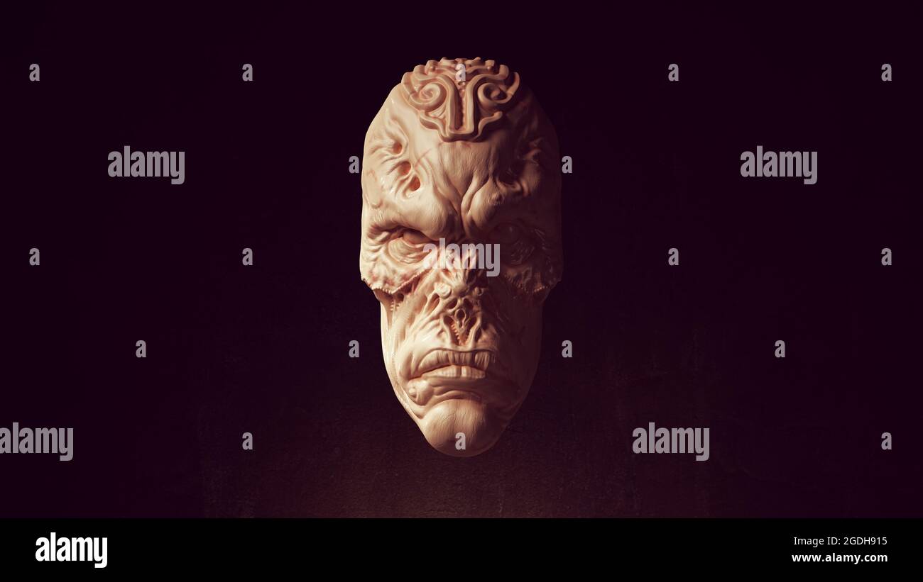 Alien Statue Ancient face Art Sculpture 3D rendu d'illustration Banque D'Images