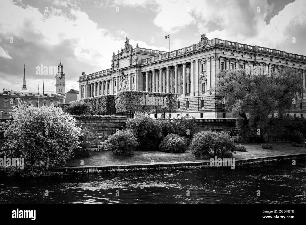 Sveriges riksdag - Parlement de Suède à Stockholm. Photographie en noir et blanc Banque D'Images