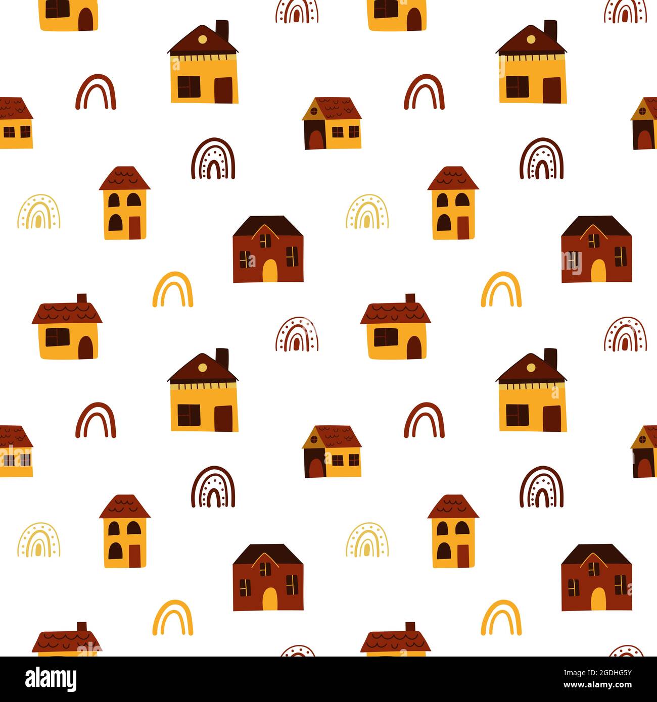 Joli motif sans couture avec vieille maison de ville et arc-en-ciel décoratif. Palette de couleurs jaune et orange d'automne. Illustration graphique vectorielle. Style dessin animé Doodle. Illustration de Vecteur