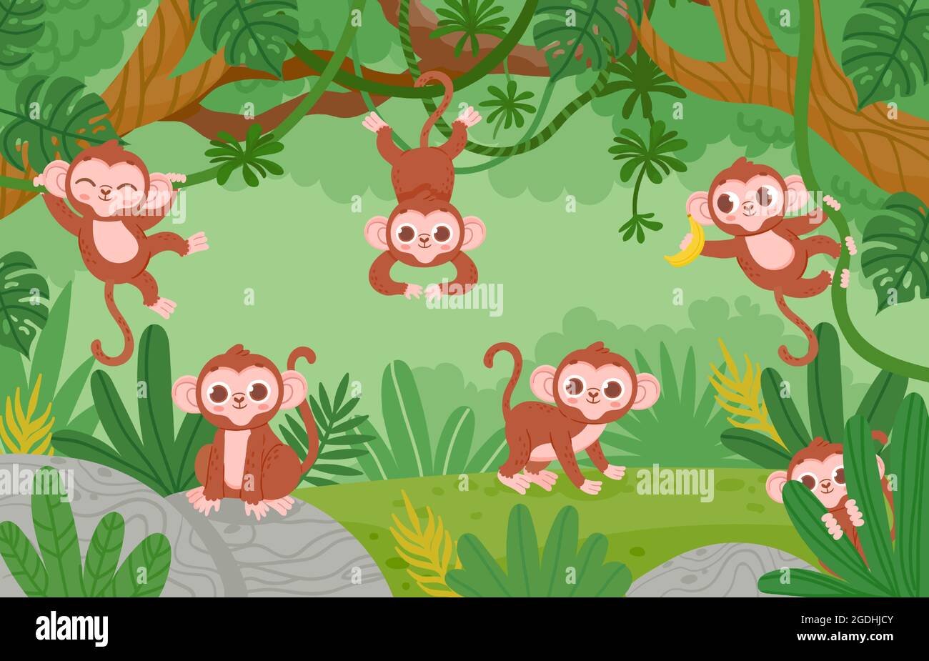 Des singes mignons accrochés à des arbres de lianes dans la forêt de jungle. Bande dessinée les personnages de singe heureux jouent et sautent. Paysage vectoriel de zoo tropical puérile Illustration de Vecteur