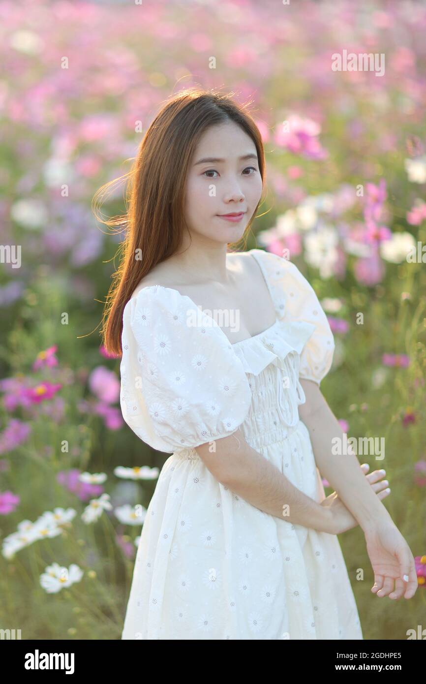 Belle jeune femme avec robe blanche sur fleurs rose cosmos arrière-plan  Photo Stock - Alamy