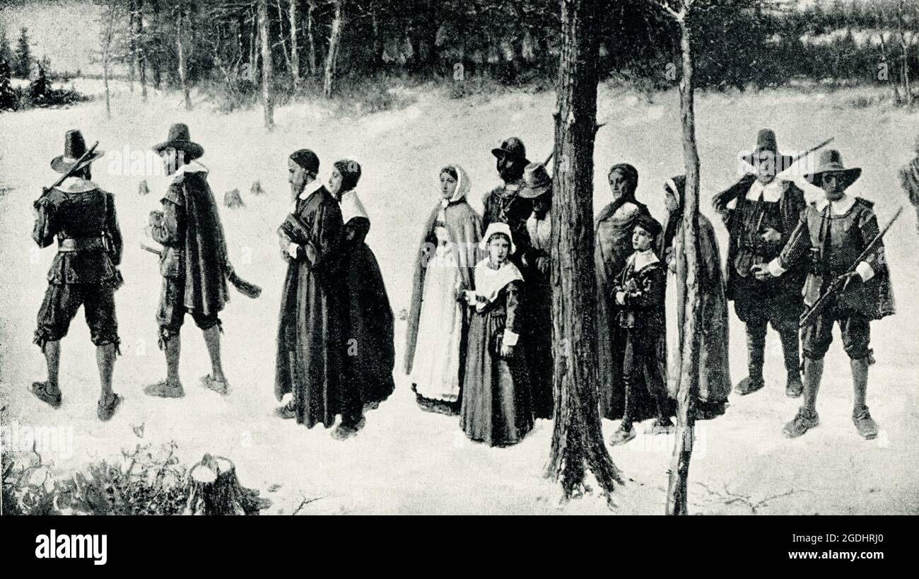 Cette illustration de 1899 montre: “les pèlerins vont à l'église.” Dans l'histoire américaine, les pèlerins furent les fondateurs de la colonie de Plymouth dans le Massachusetts. Les principaux membres du groupe étaient les séparatistes anglais qui avaient déménagé en Hollande en 1607-08, dans la municipalité de Leiden (également Leyden). Ils ont obtenu une charte de London Co. Et, avec l'aide des marchands de Londres, ont navigué sur le Mayflower en 1620. En novembre 1620, le Mayflower atteint près de Provincetown. En mars 1621, les pèlerins débarquent à Plymouth et les Mayflower retournent en Angleterre en avril. Ces 1899 illustrations montrent les pèlerins Banque D'Images