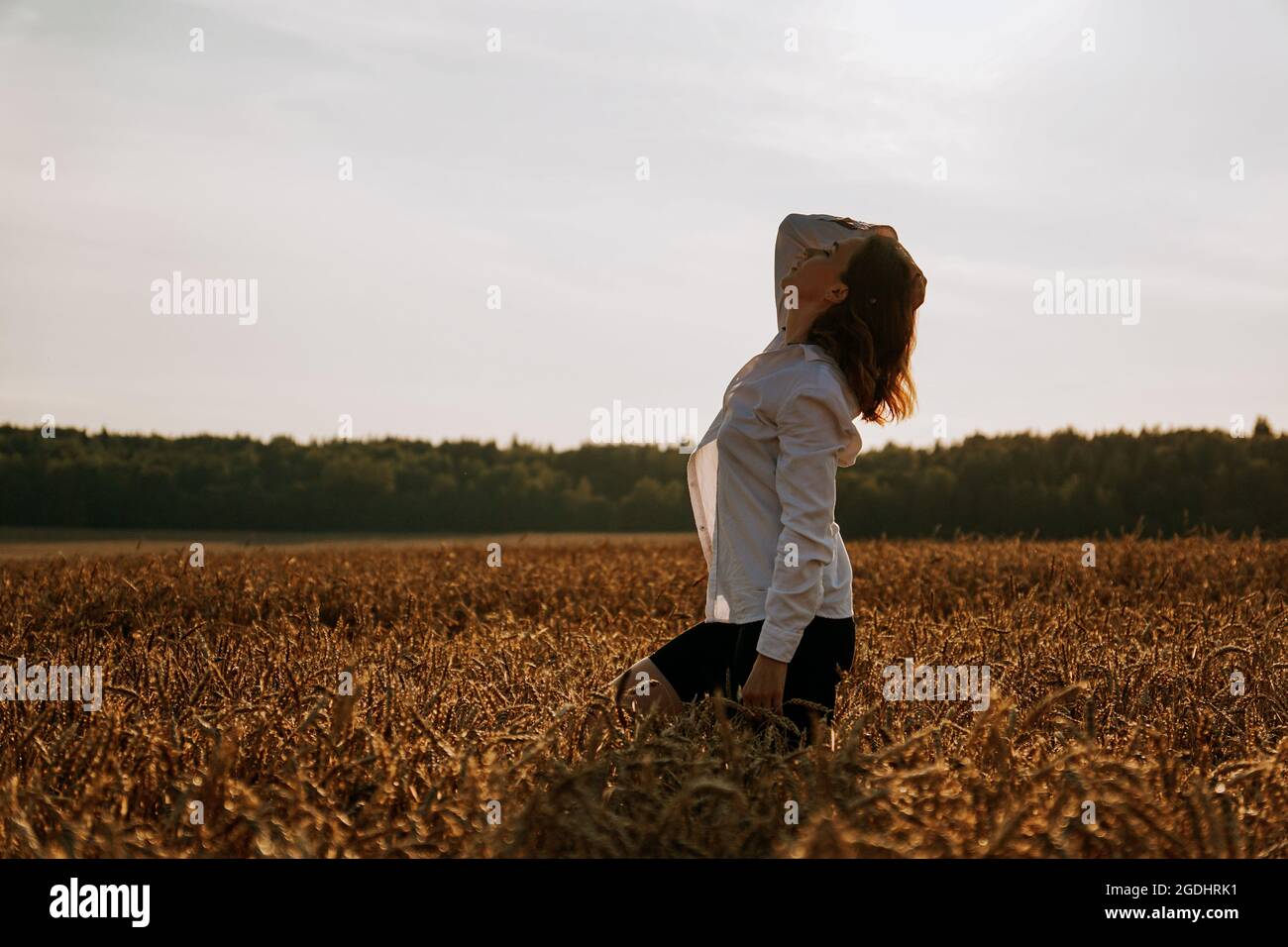 Silhouette de femme au coucher du soleil. Une femme dans un champ de blé fait des mouvements fluides. Le concept de calme et de méditation Banque D'Images Silhouette de femme au coucher du soleil. Une femme dans un champ de blé fait des mouvements fluides. Le concept de calme et de méditation Banque D'Images