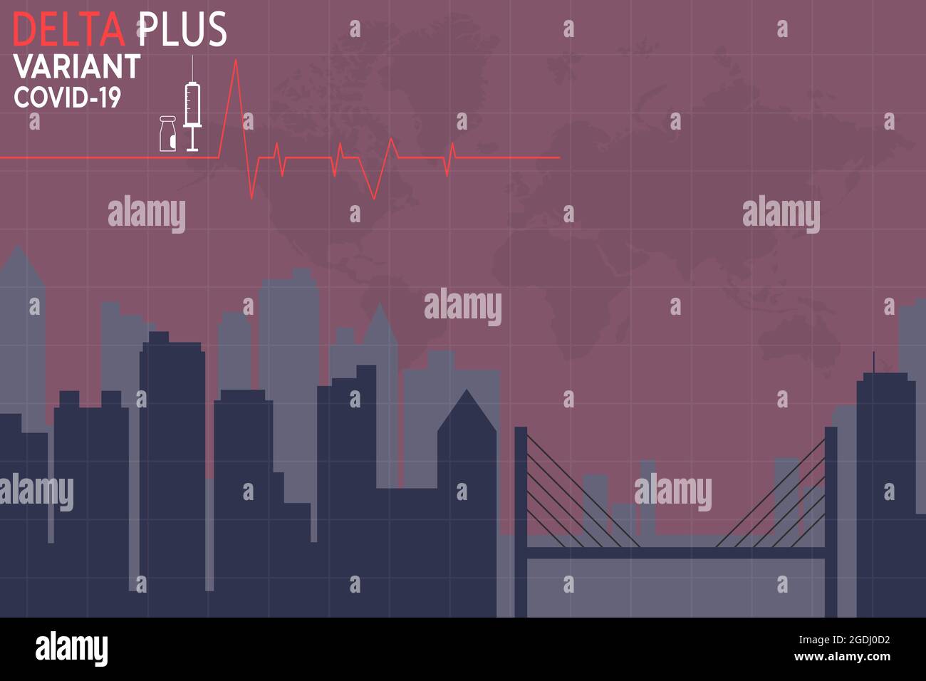 Coronavirus delta plus variante plate style, concept de vaccination, injection, illustration de la ville Banque D'Images