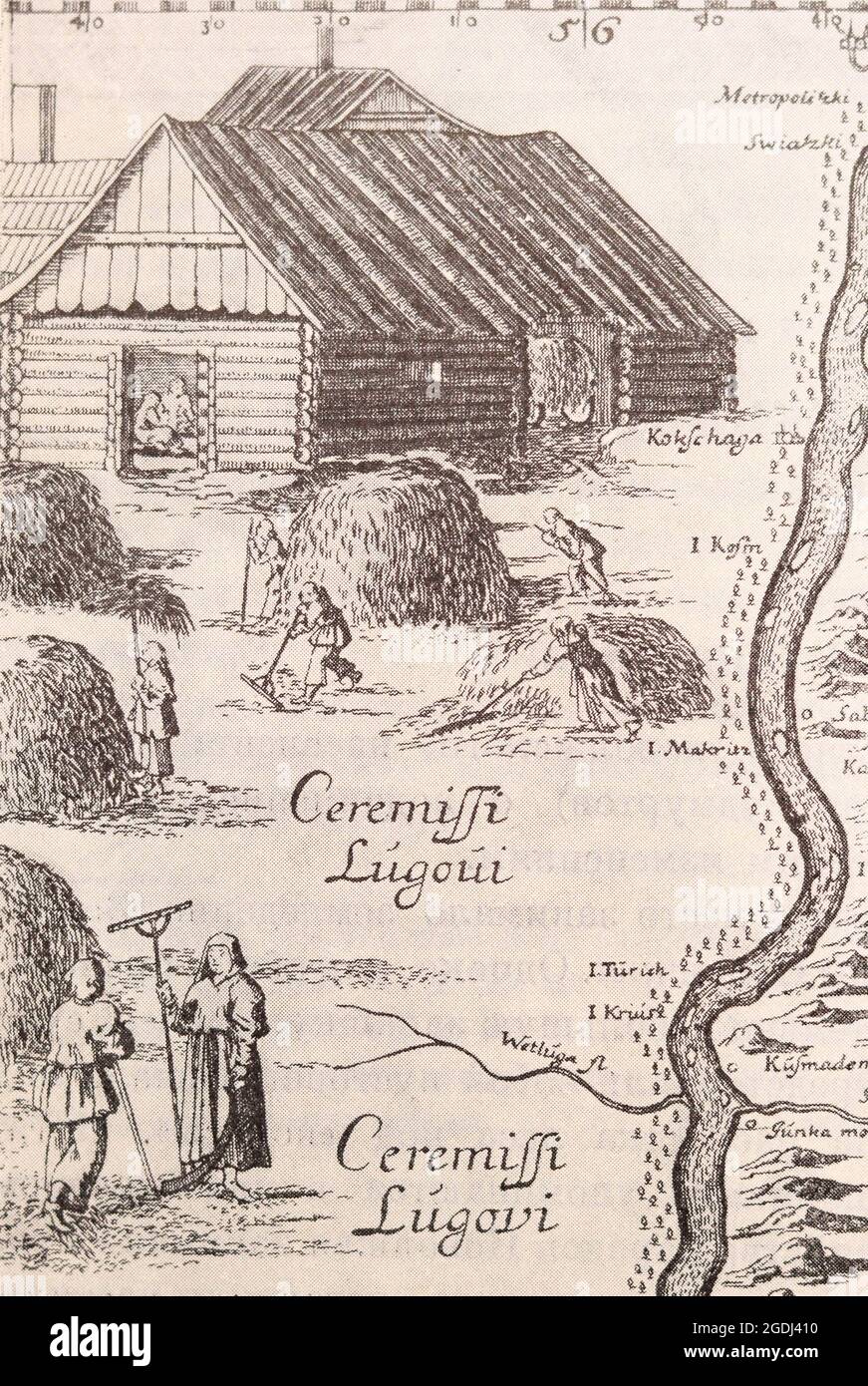 Hante-making. Un fragment d'une carte de la région de Volga du livre d'Olearius publié en 1656. Banque D'Images